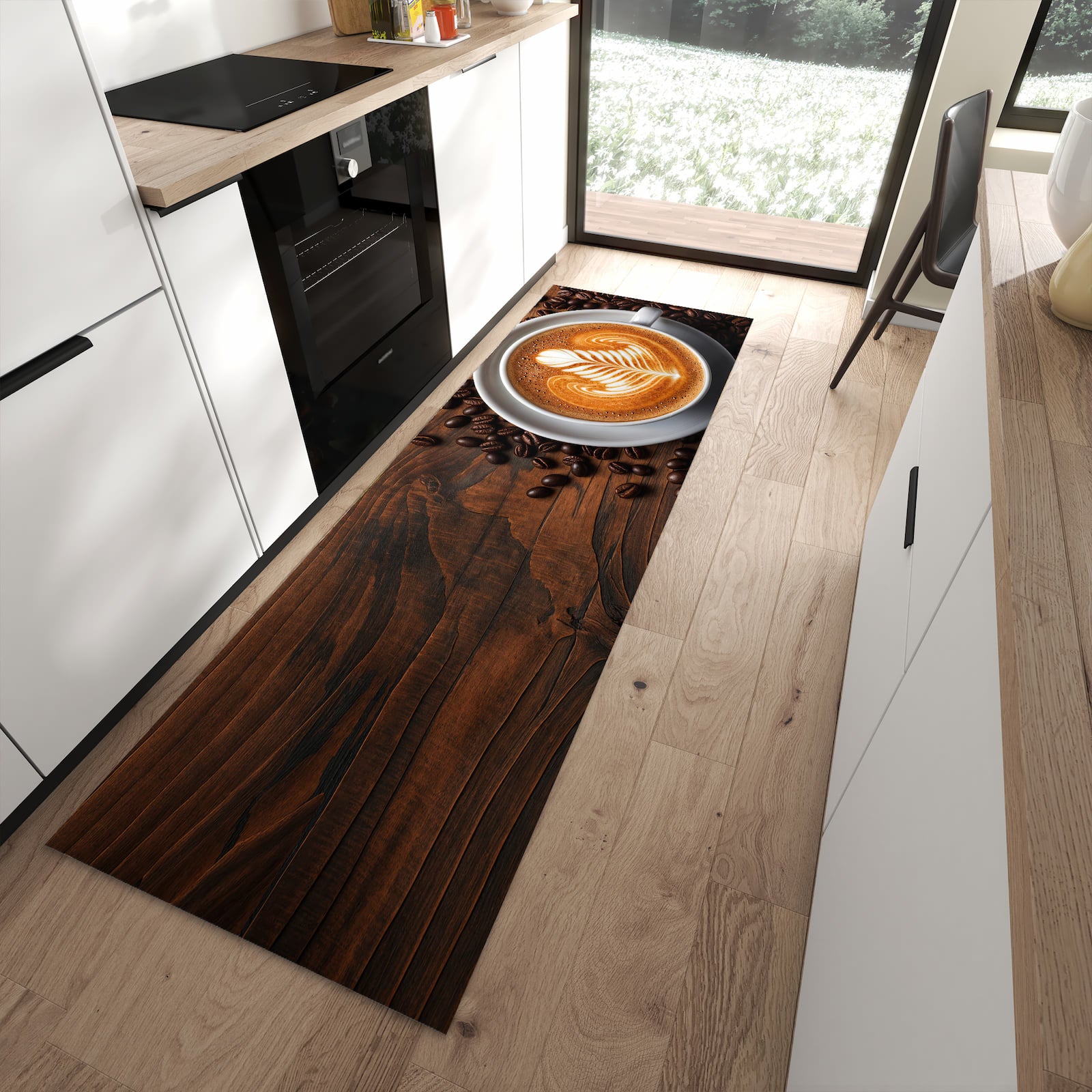 Strapazierfähiger Küchenläufer mit Motiv Stille Kaffeegenuss in moderner Küche