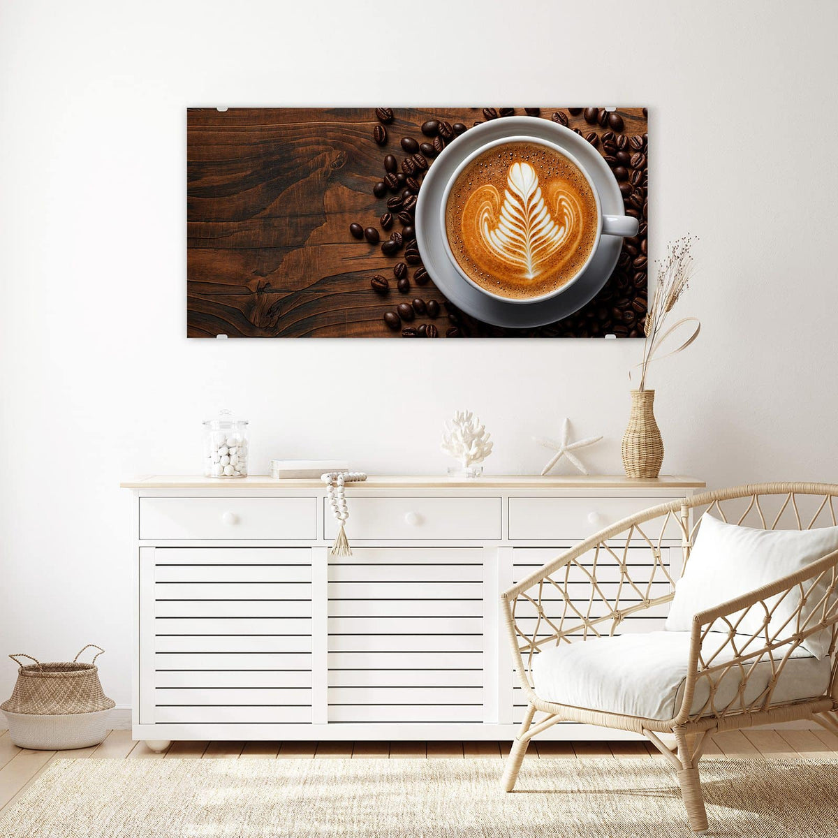Echtglas, 4 mm – kein Acryl, keine Folie – Wandbild - Kaffee mit Latte Art - Querformat
