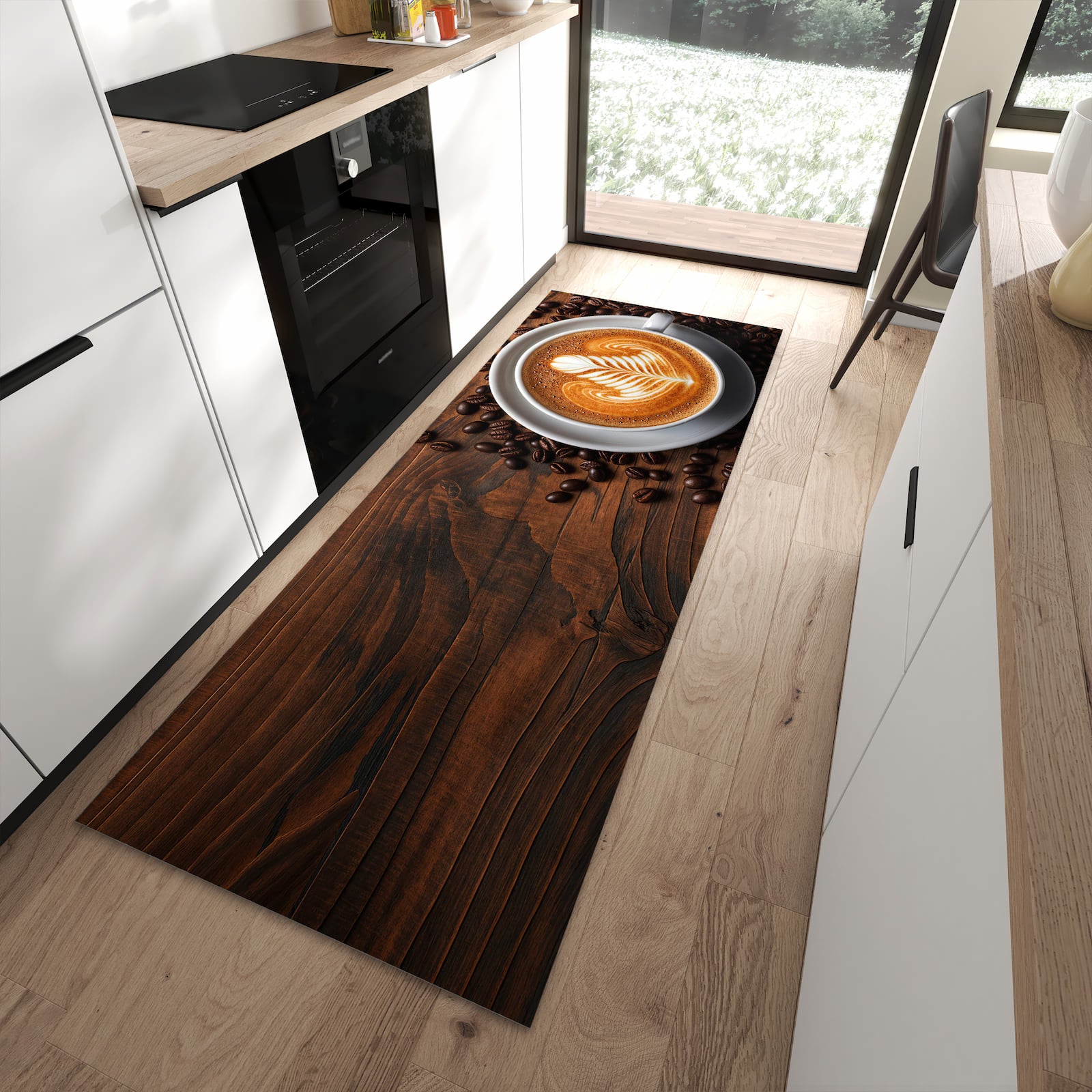 Feuchtigkeitsresistenter rutschfester Küchenläufer mit Motiv Stille Kaffeegenuss in moderner Küche