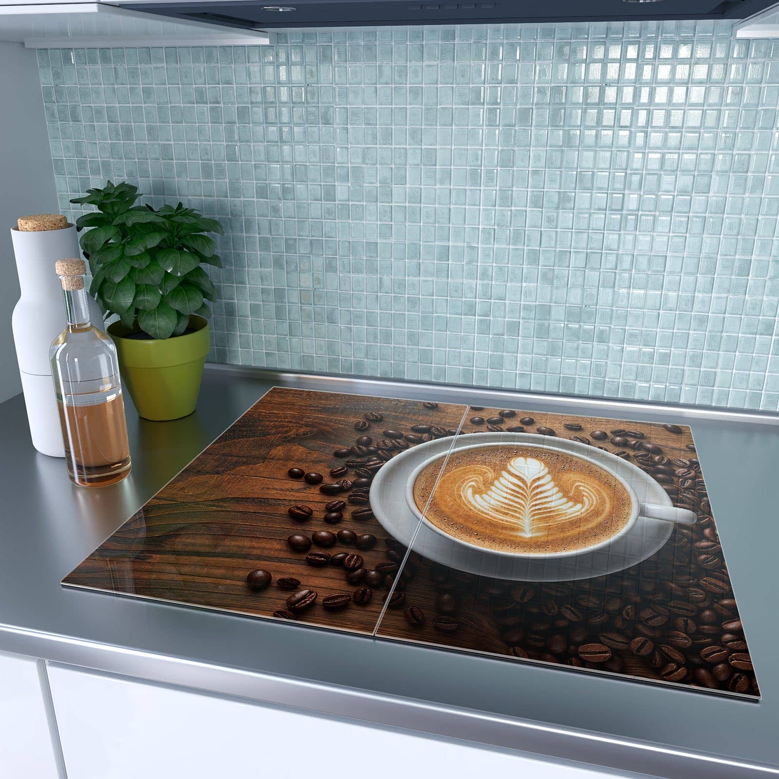 2-teilige Herdabdeckplatte aus Glas mit Stille Kaffeegenuss-Motiv auf dem Ceranfeld