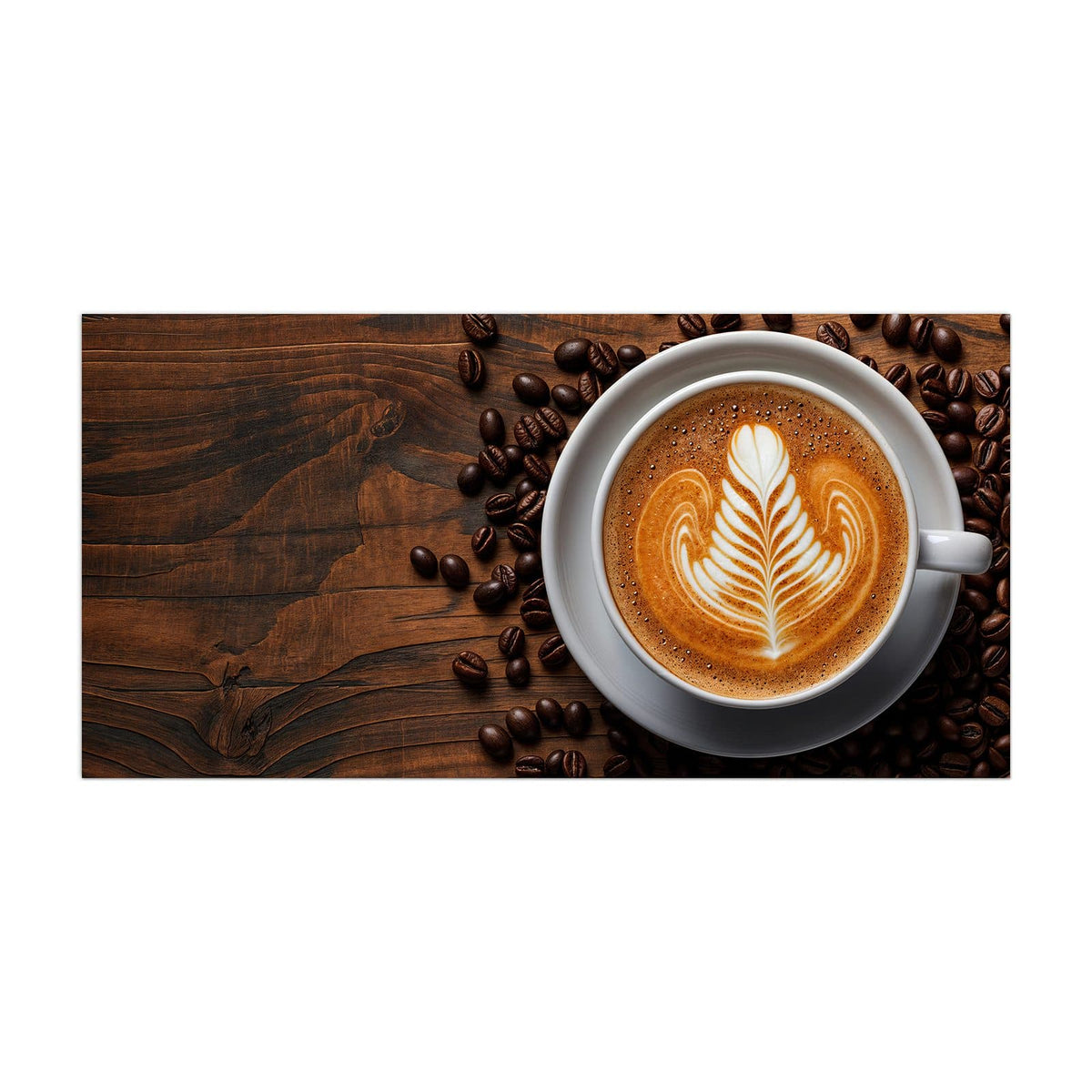 Küchenrückwand aus Glas Kaffee mit Latte Art im Hochformat, Motiv bildfüllend von vorn