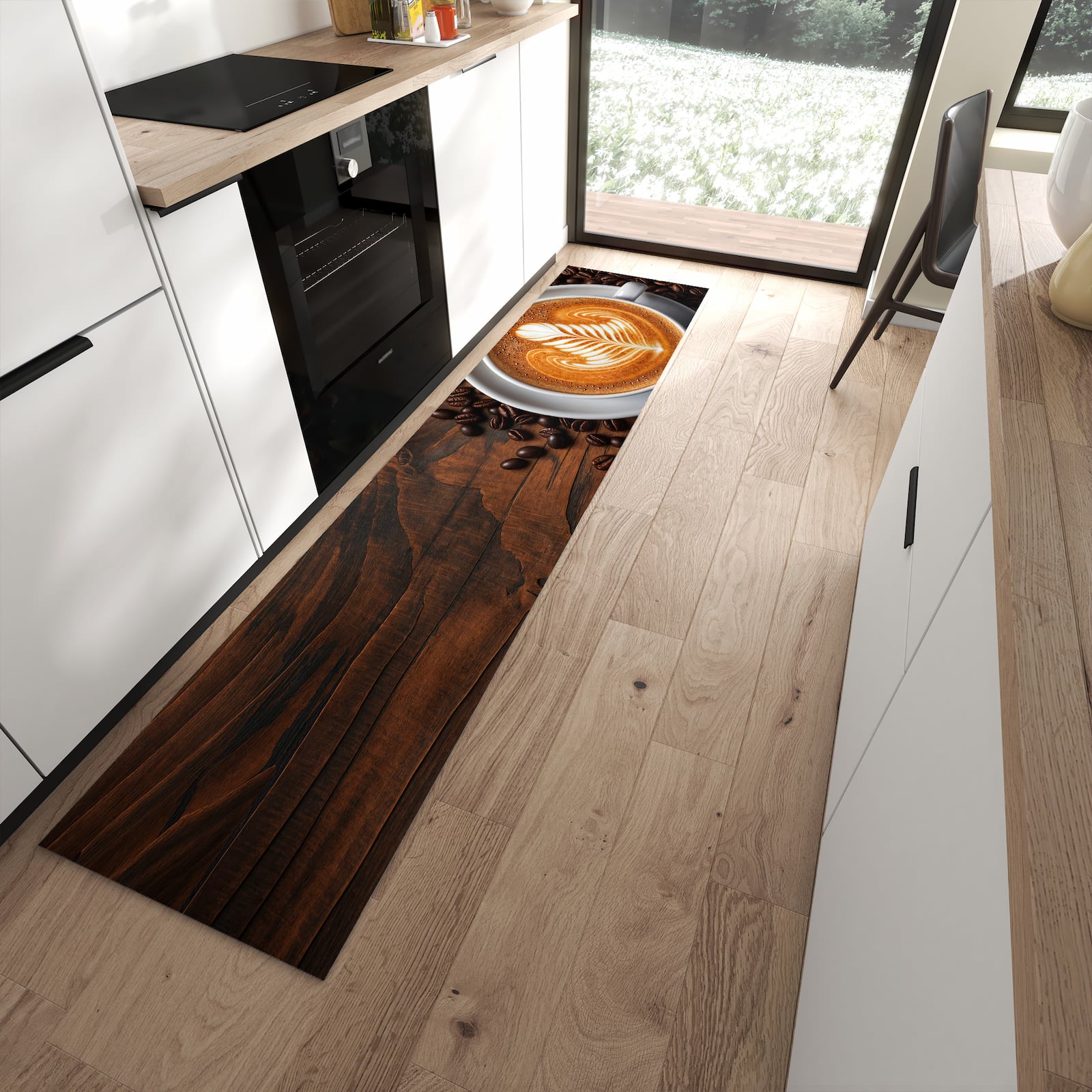 Rutschfester waschbarer Küchenteppich mit Motiv Stille Kaffeegenuss in moderner Küche