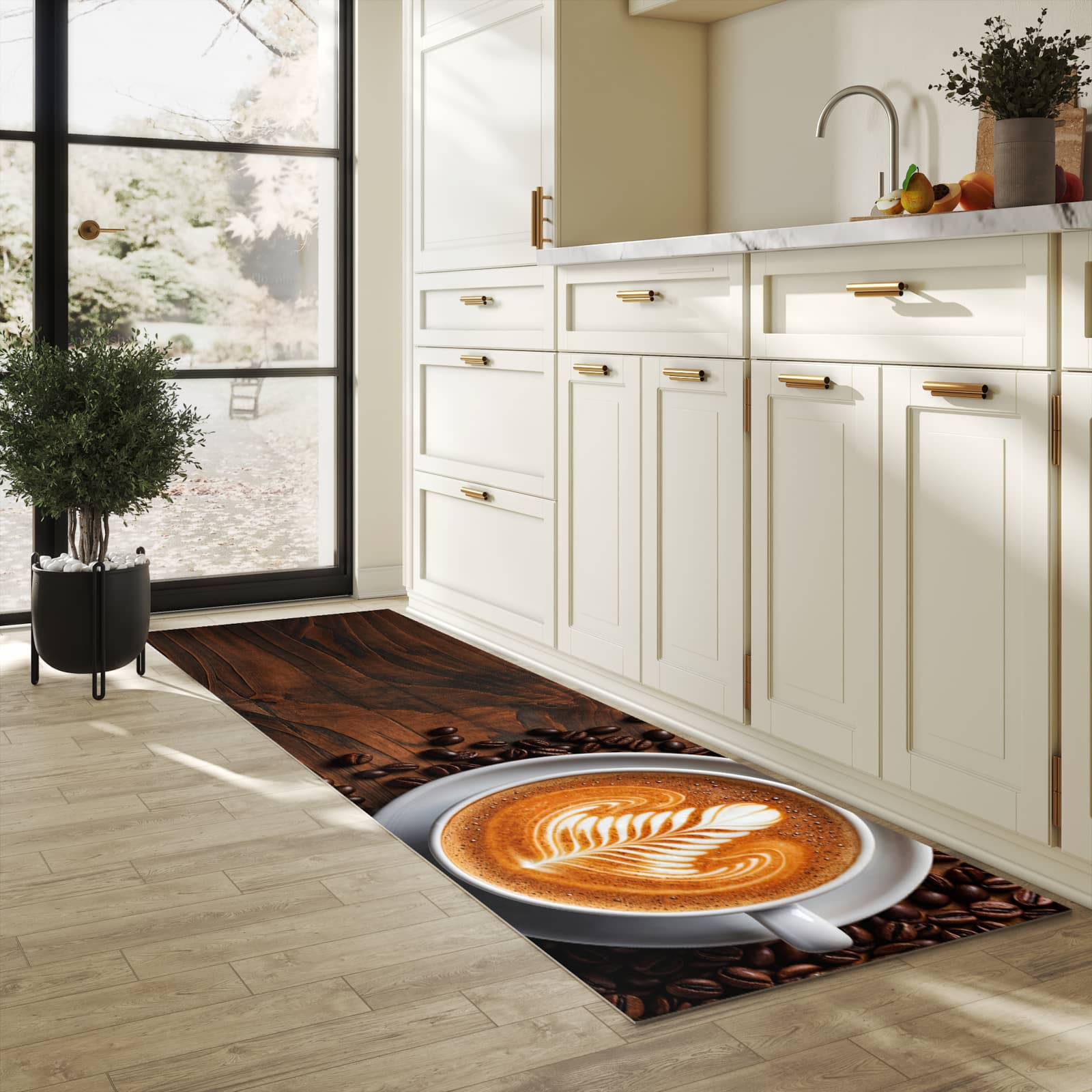 Komfortabler Teppich fürs Esszimmer mit Motiv Stille Kaffeegenuss in heller Küche, waschbar