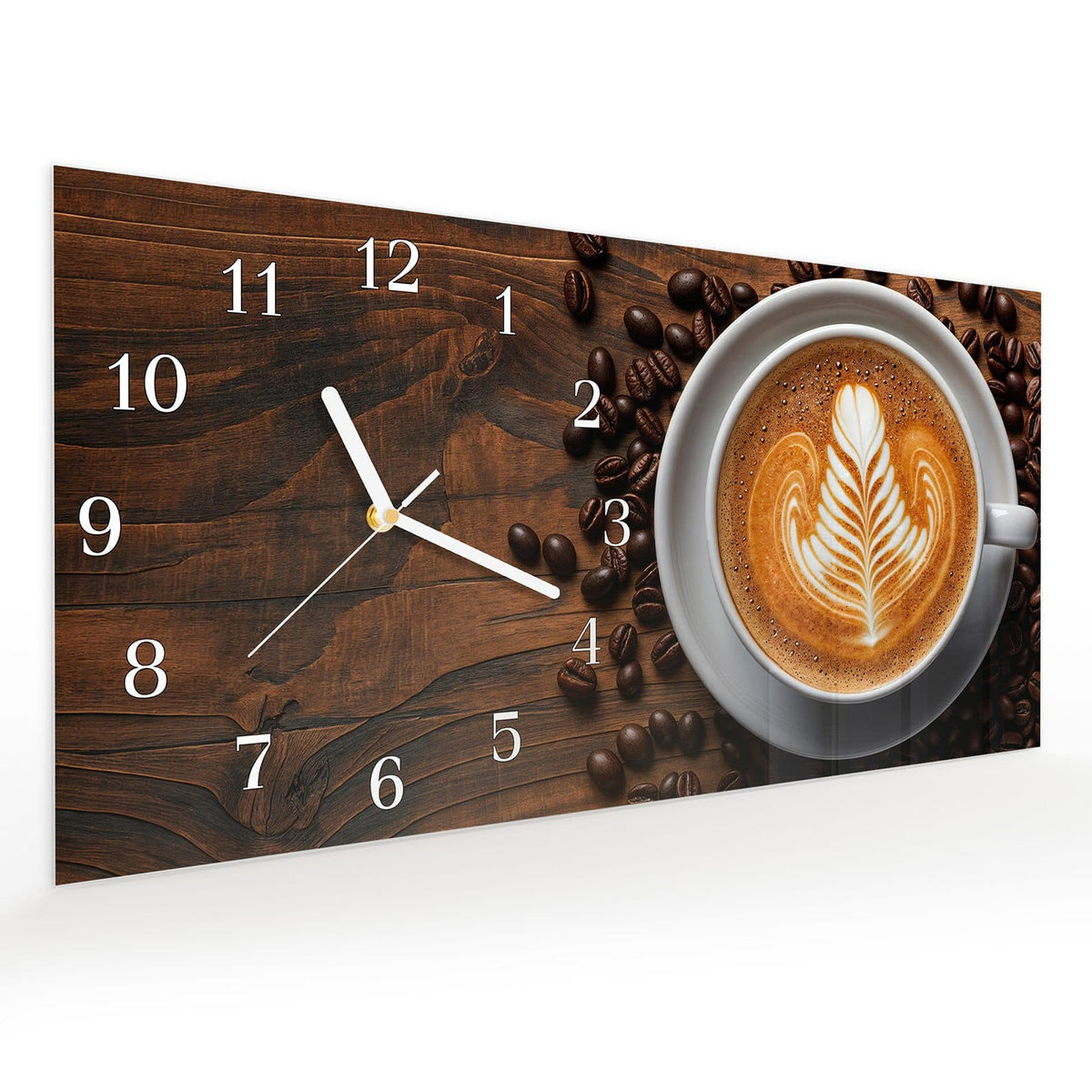 Vormontiert – mit Schwebeeffekt – Wanduhr Stille Kaffeegenuss aus Glas – Querformat 60 × 30 cm