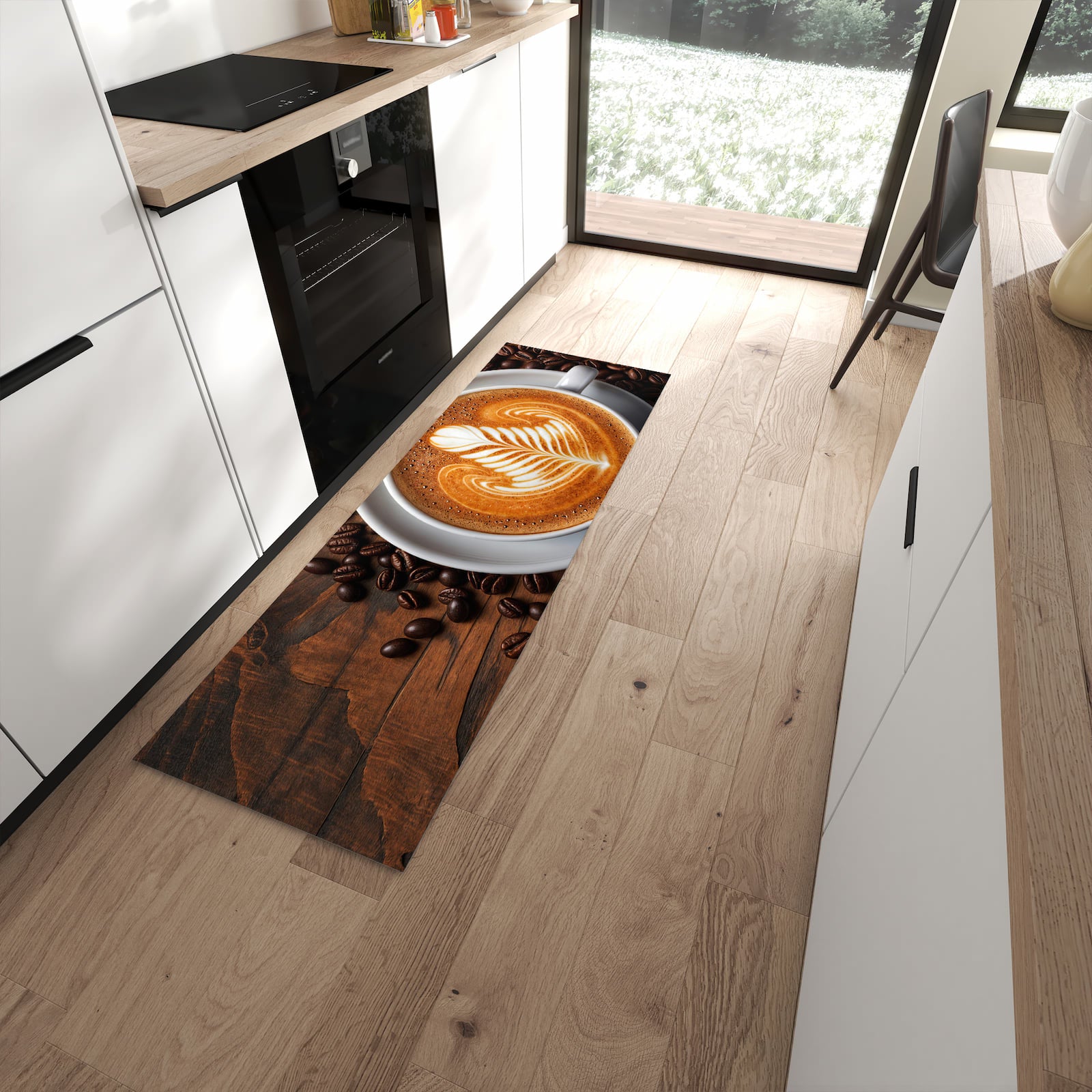 Pflegeleichter Küchenteppich mit Motiv Stille Kaffeegenuss in moderner Küche