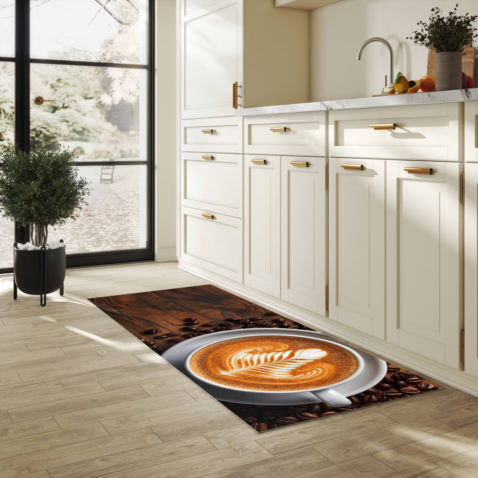 Flacher rutschfester Küchenteppich mit Motiv Stille Kaffeegenuss in heller Küche