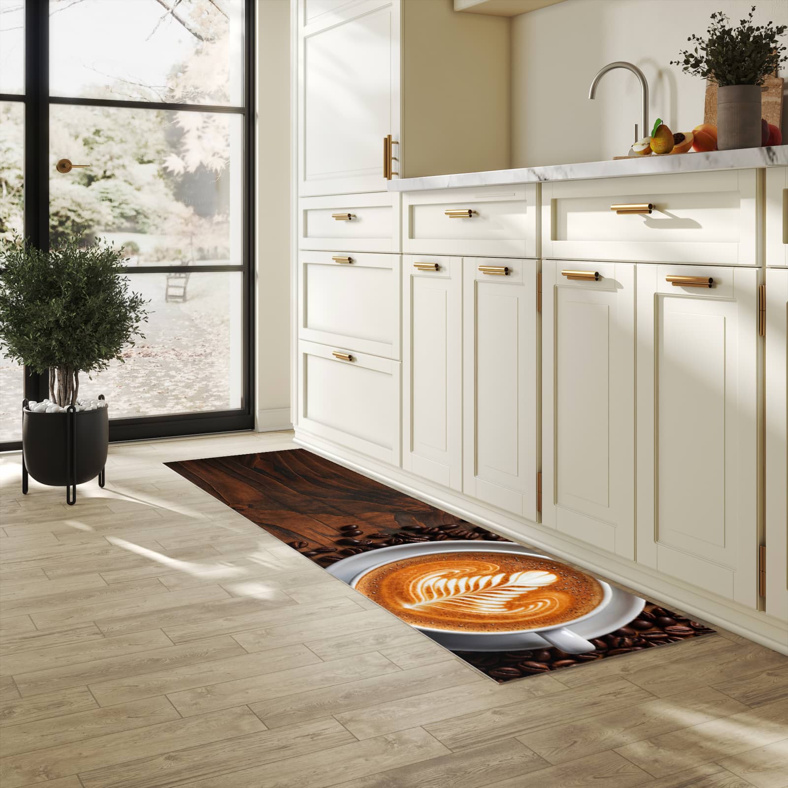 Fleckenresistenter langer Teppich mit Motiv Stille Kaffeegenuss in heller Küche