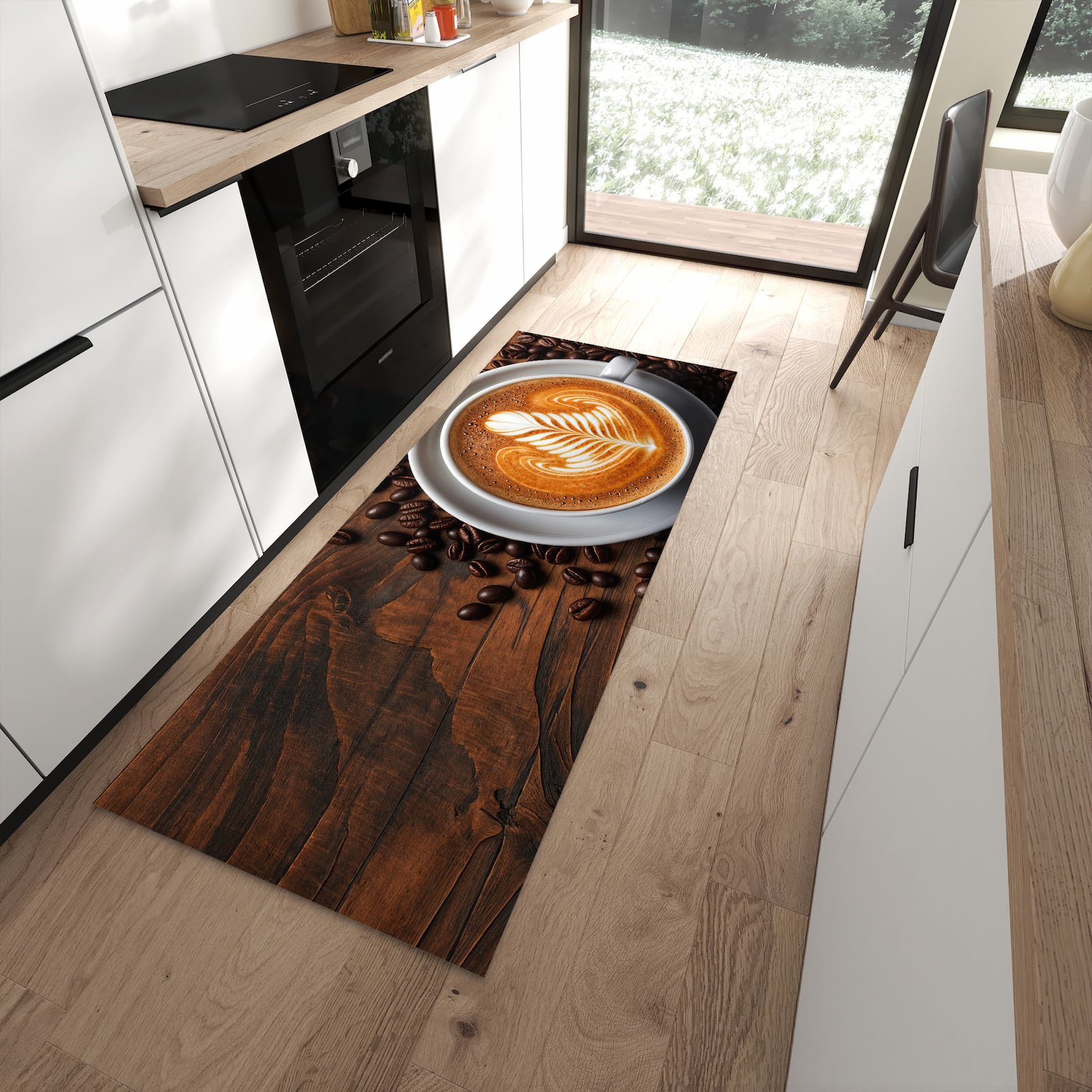 Hygienischer Küchenteppich mit Motiv Stille Kaffeegenuss in moderner Küche - waschbar