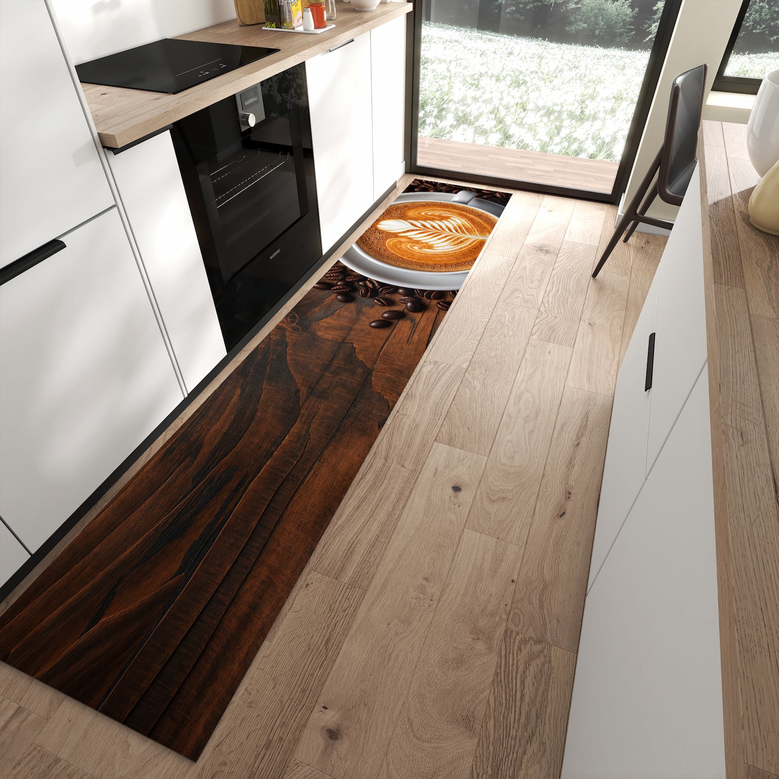 Pflegeleichter großer Küchenteppich mit Motiv Stille Kaffeegenuss in moderner Küche