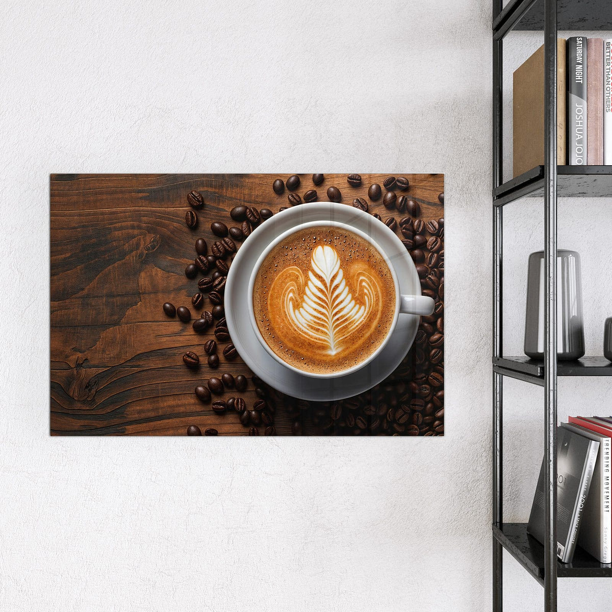 Magnettafel - Kaffee mit Latte Art – Latte-Art-Blatt auf dunklem Holz
