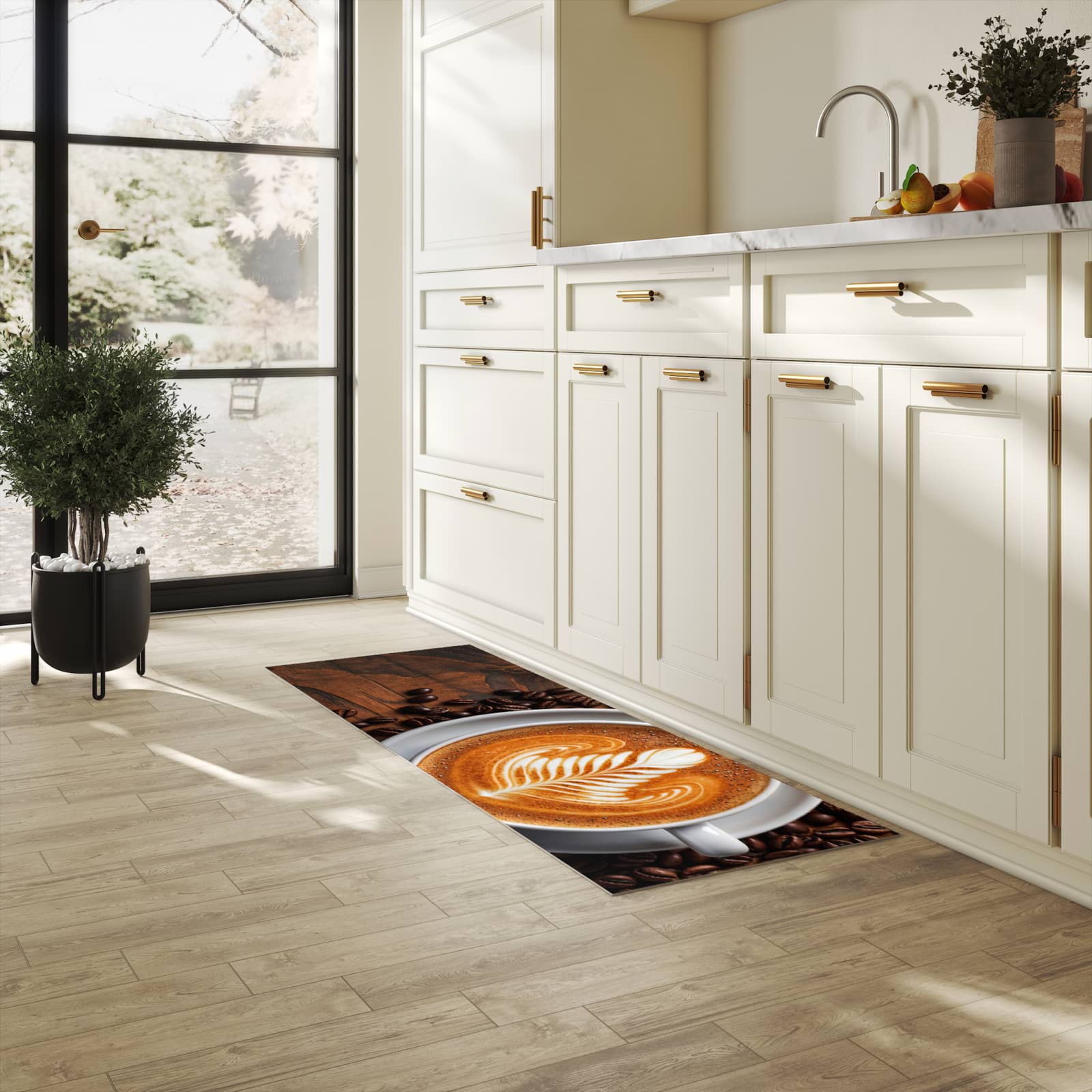 Wasserabweisender Küchenläufer mit Motiv Stille Kaffeegenuss in heller Küche