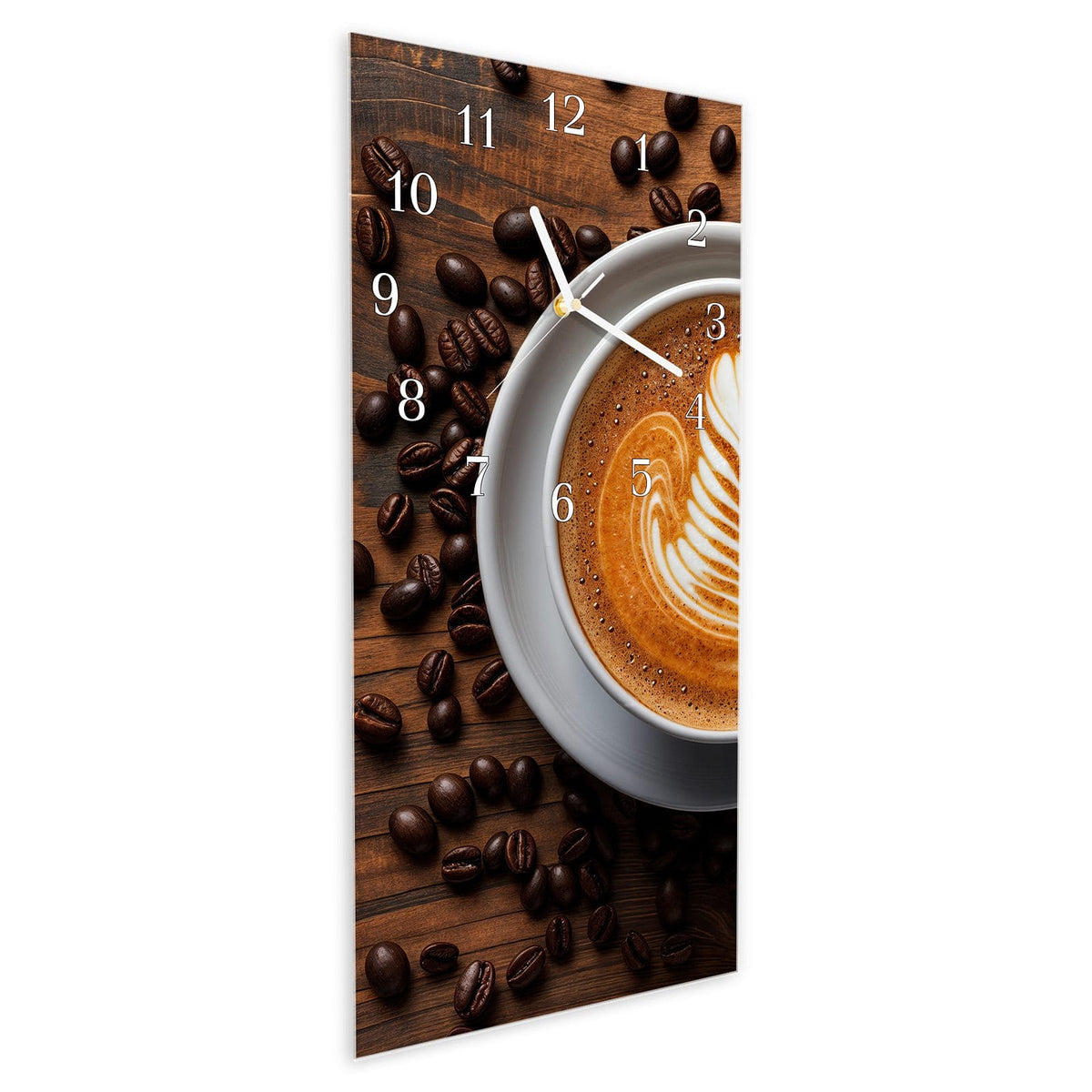 Vormontiert – mit Schwebeeffekt – Wanduhr Stille Kaffeegenuss aus Glas – Hochformat 30 × 60 cm