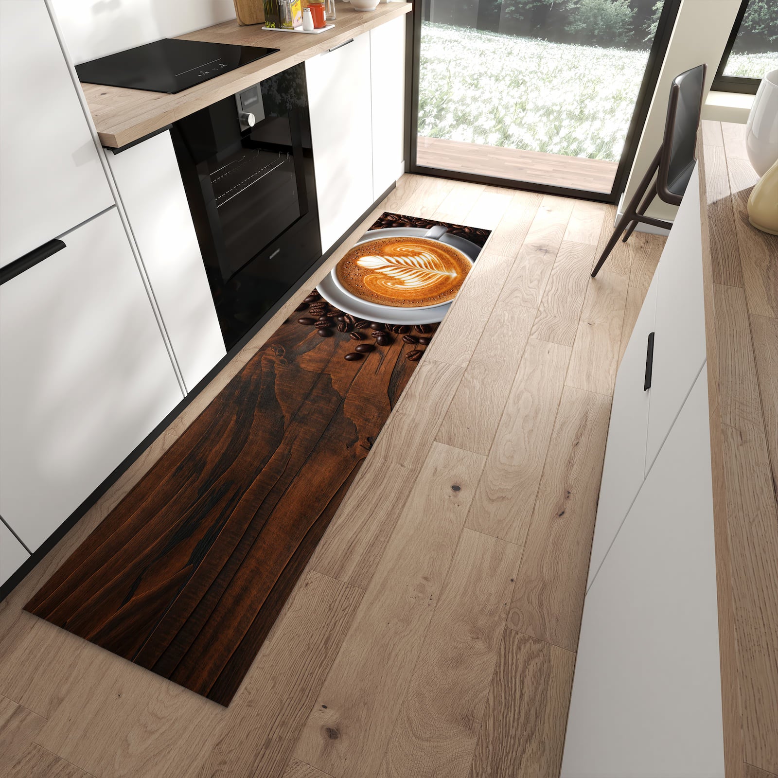 Komfortabler waschbarer Küchenteppich mit Motiv Stille Kaffeegenuss in moderner Küche