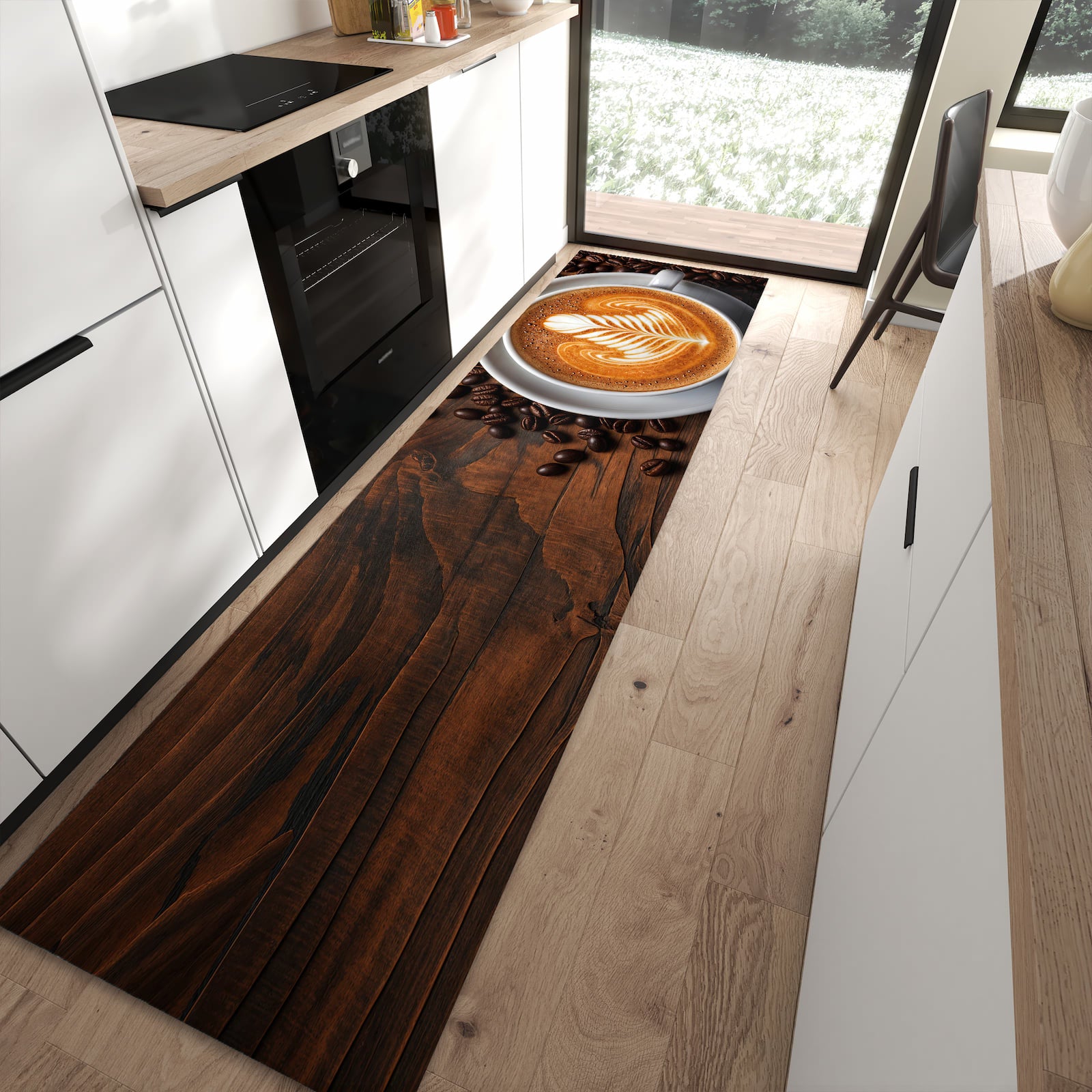 Langlebiger Küchenläufer mit Motiv Stille Kaffeegenuss in moderner Küche