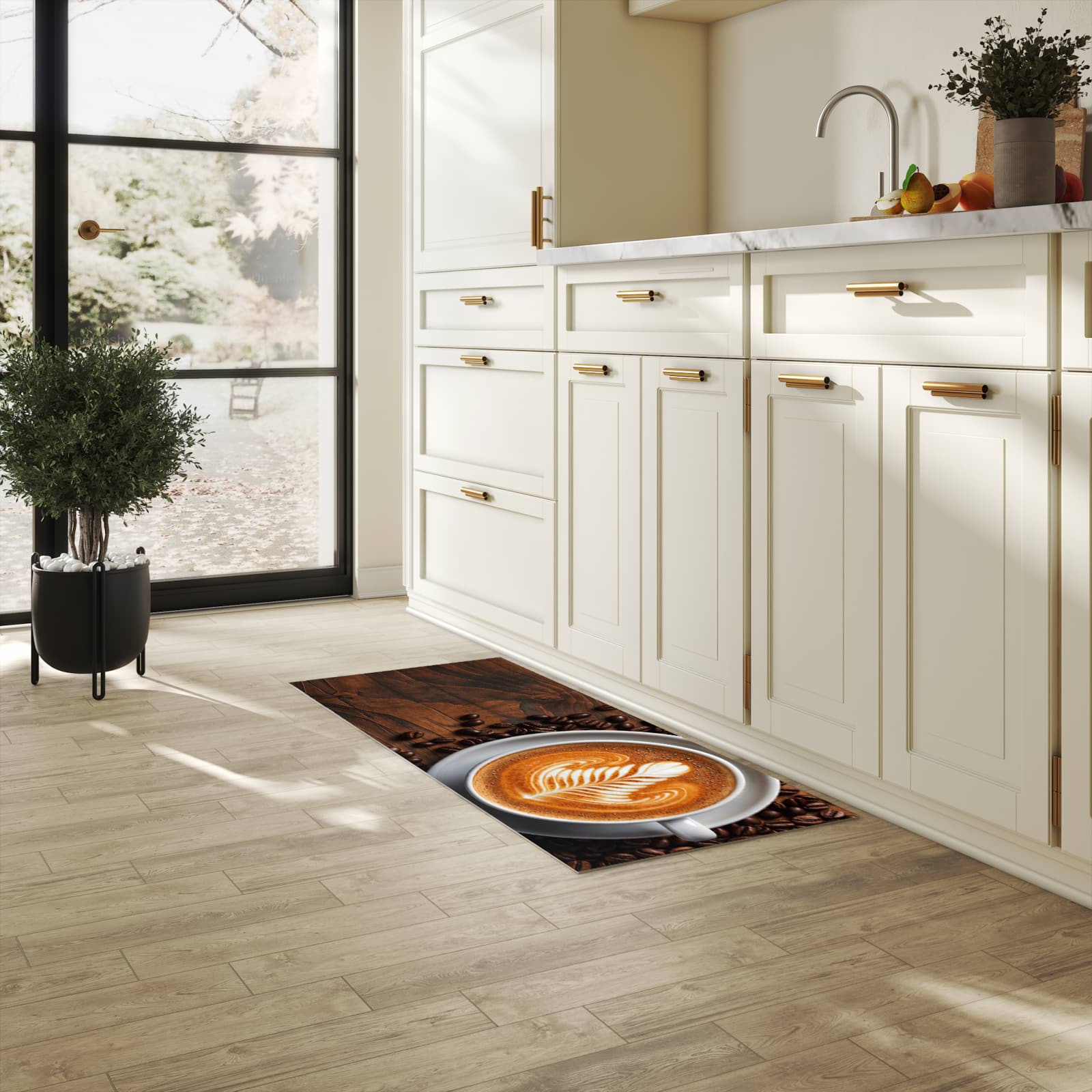 Waschbarer Küchenläufer mit Motiv Stille Kaffeegenuss für Trittkomfort in heller Küche