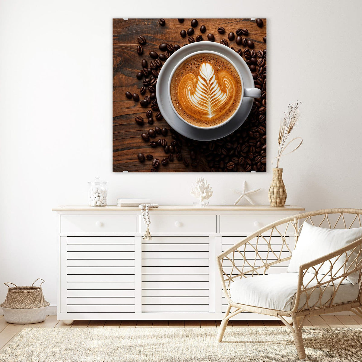 Echtglas, 4 mm – kein Acryl, keine Folie – Wandbild - Kaffee mit Latte Art - Quadratisch