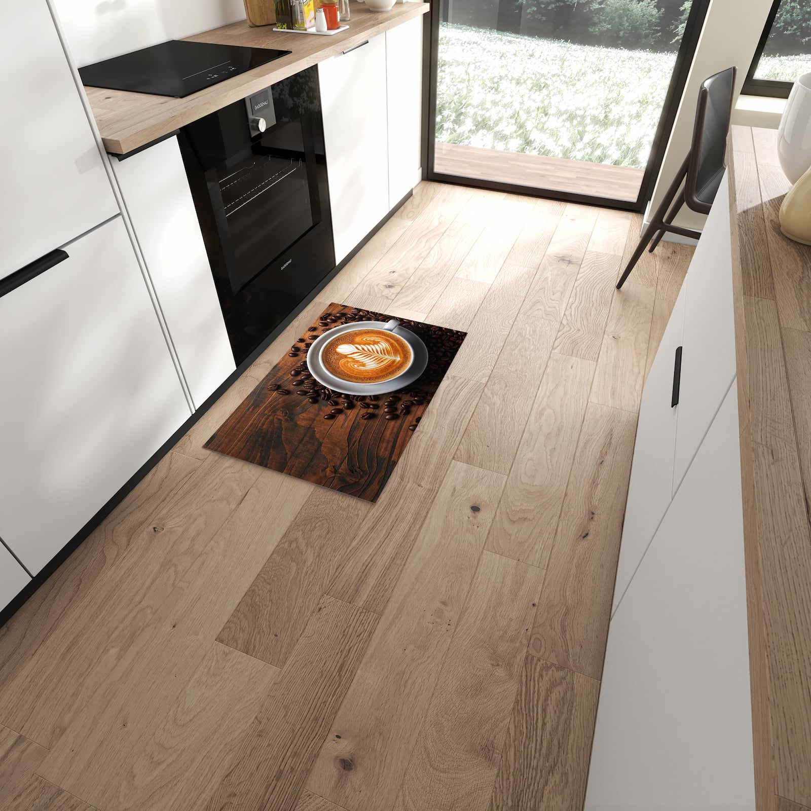 Rutschfester Küchenteppich mit Motiv Stille Kaffeegenuss für angenehmes Stehen in moderner Küche