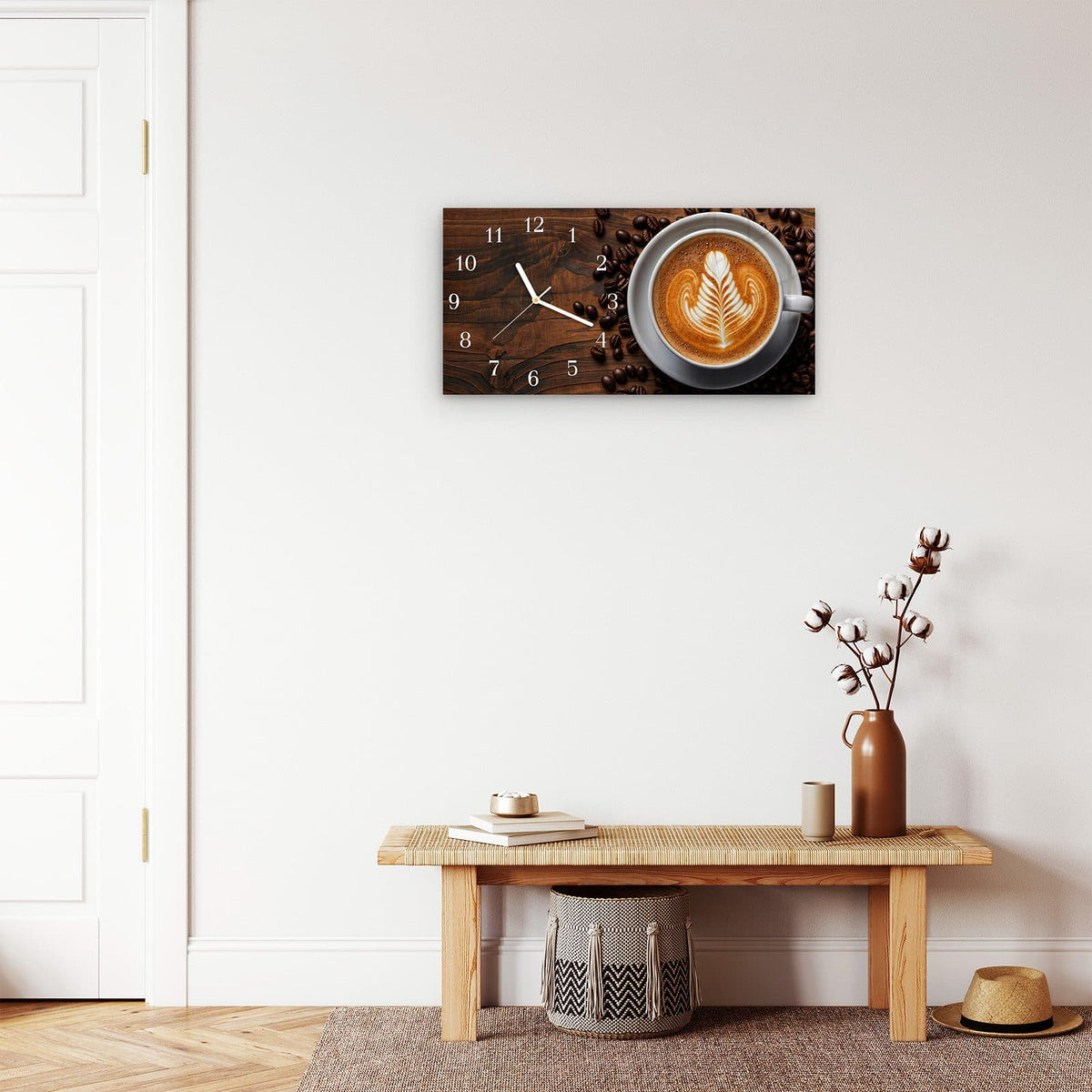 Moderne Wanduhr aus Glas mit Farbtiefe – Wanduhr Stille Kaffeegenuss aus Glas – Querformat 60 × 30 cm