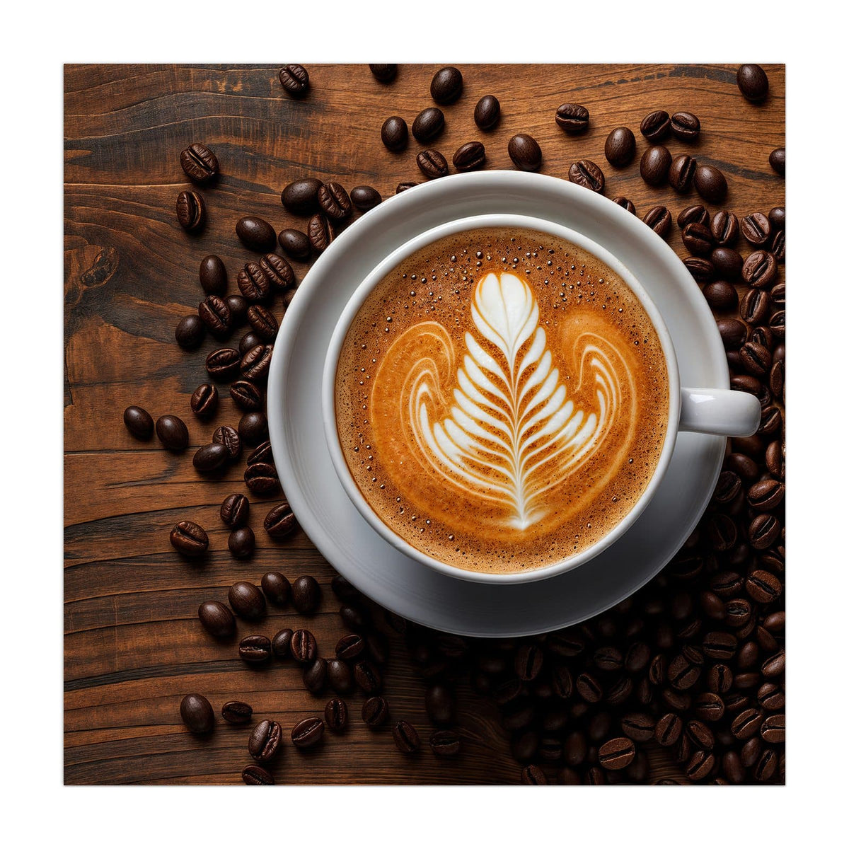 Küchenrückwand aus Glas Kaffee mit Latte Art im quadratischen Format, Motiv bildfüllend von vorn