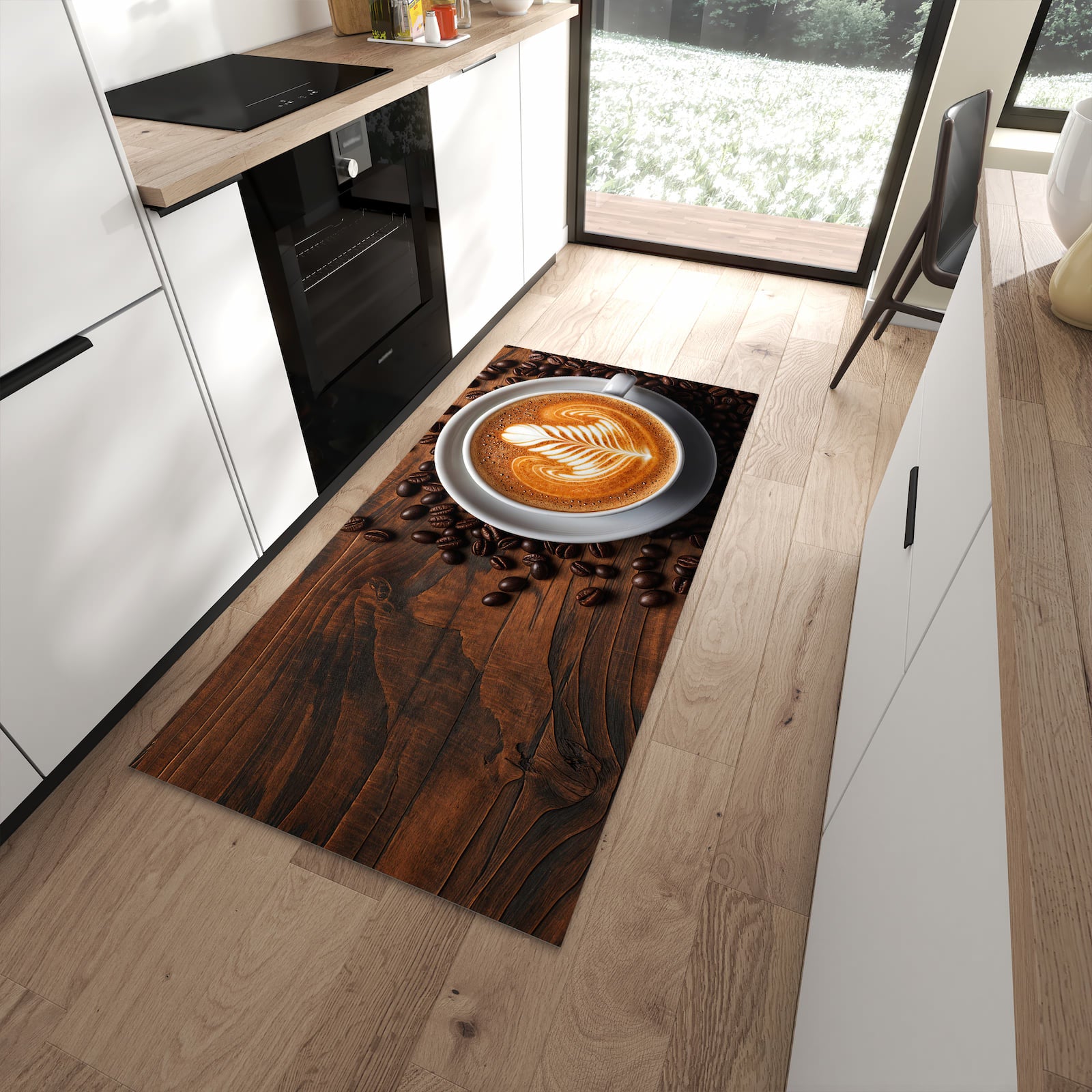Rutschfester Küchenläufer mit Motiv Stille Kaffeegenuss in moderner Küche