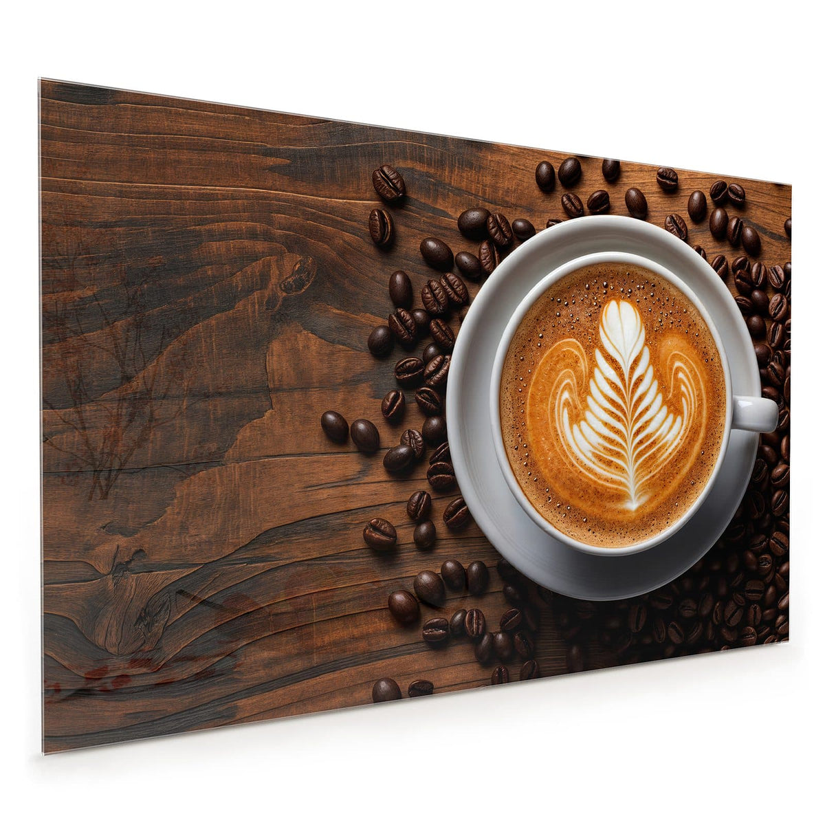 Küchenrückwand aus Glas im Hochformat: Tasse von oben mit blattförmiger Latte Art, ringsum Kaffeebohnen auf dunklem Holz