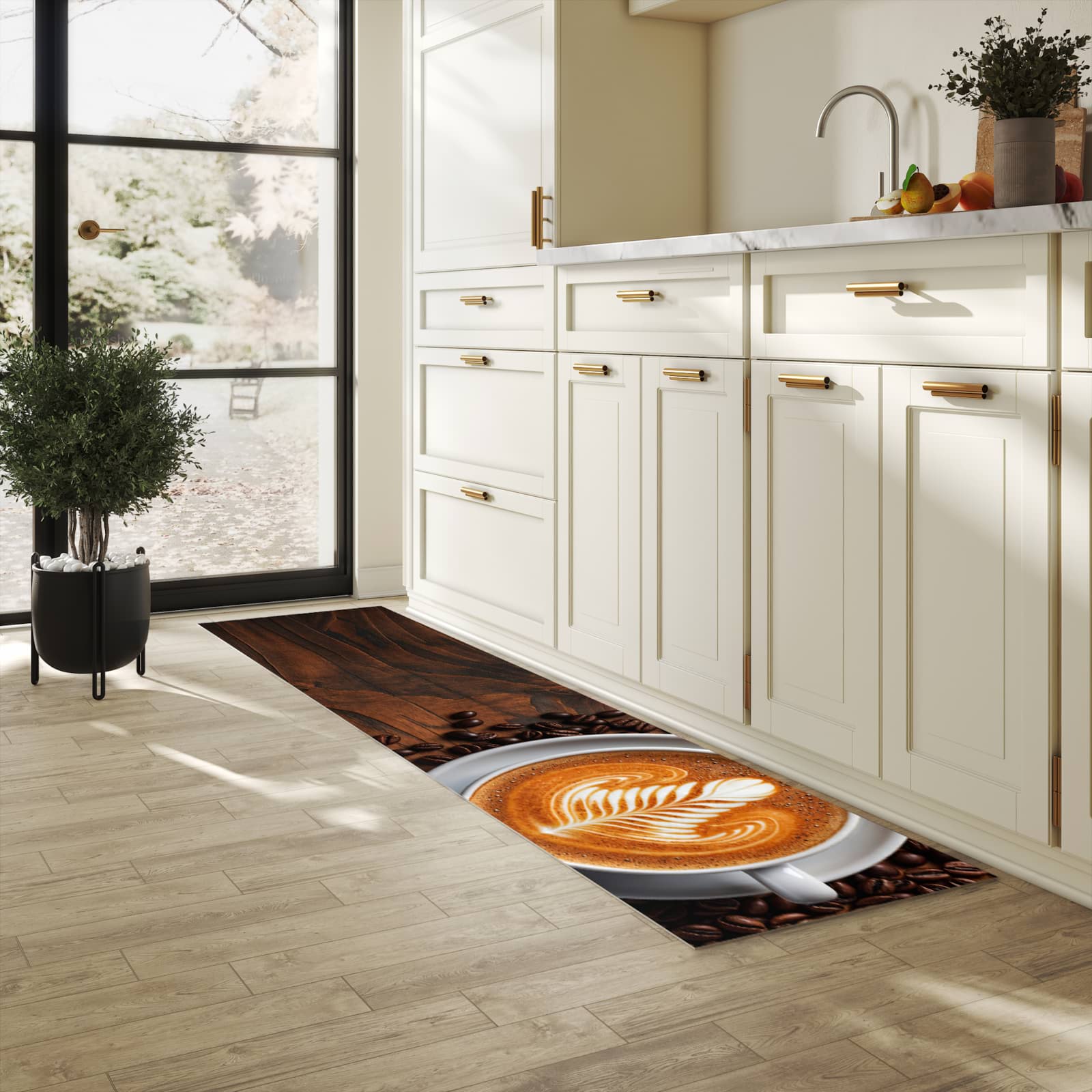 Schmutzabweisender Läufer mit Motiv Stille Kaffeegenuss für Eingangsbereich in heller Küche