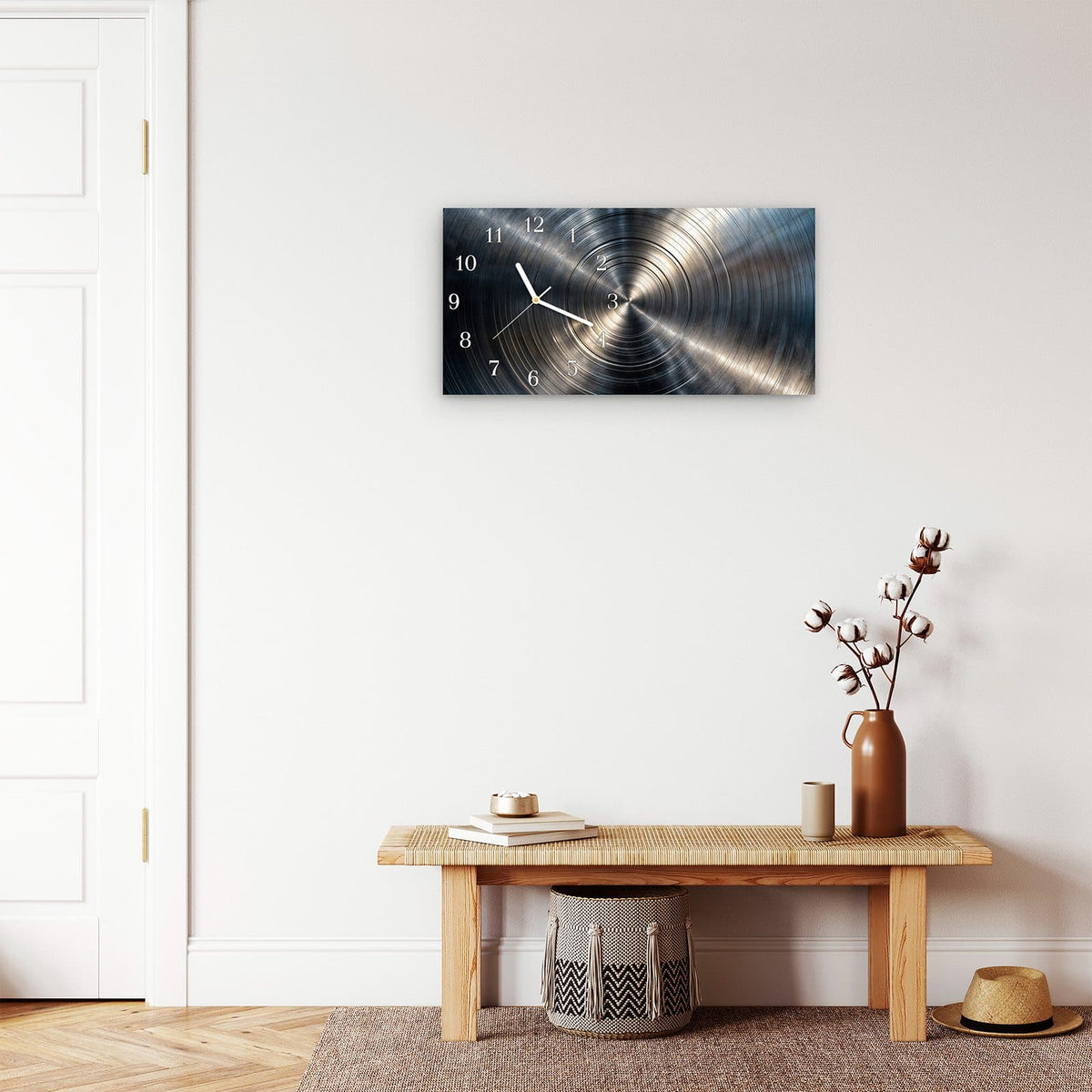 Moderne Wanduhr aus Glas mit Farbtiefe – Wanduhr Metallkreise aus Glas – Querformat 60 × 30 cm