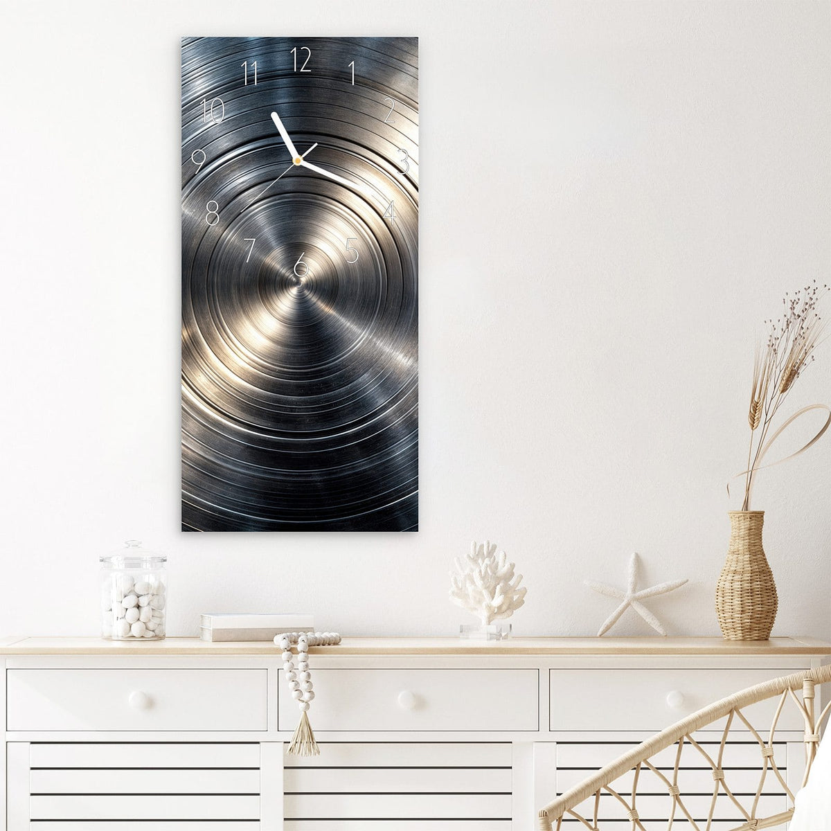 Wanduhr Metallkreise aus Glas – Hochformat 30 × 60 cm – Konzentrische Kreise in Silber