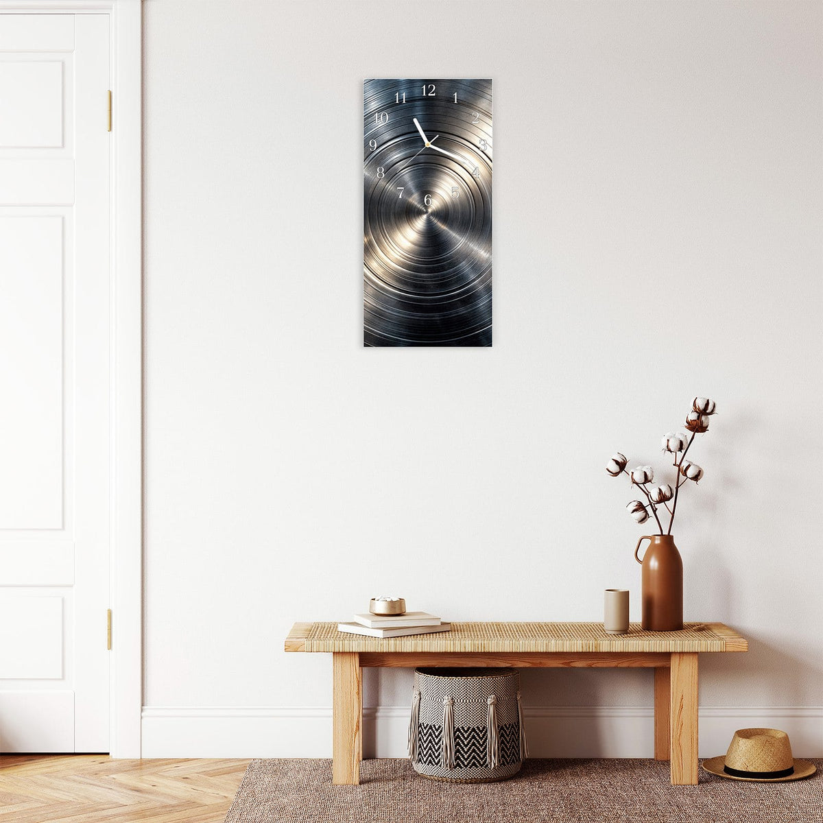 Moderne Wanduhr aus Glas mit Farbtiefe – Wanduhr Metallkreise aus Glas – Hochformat 30 × 60 cm