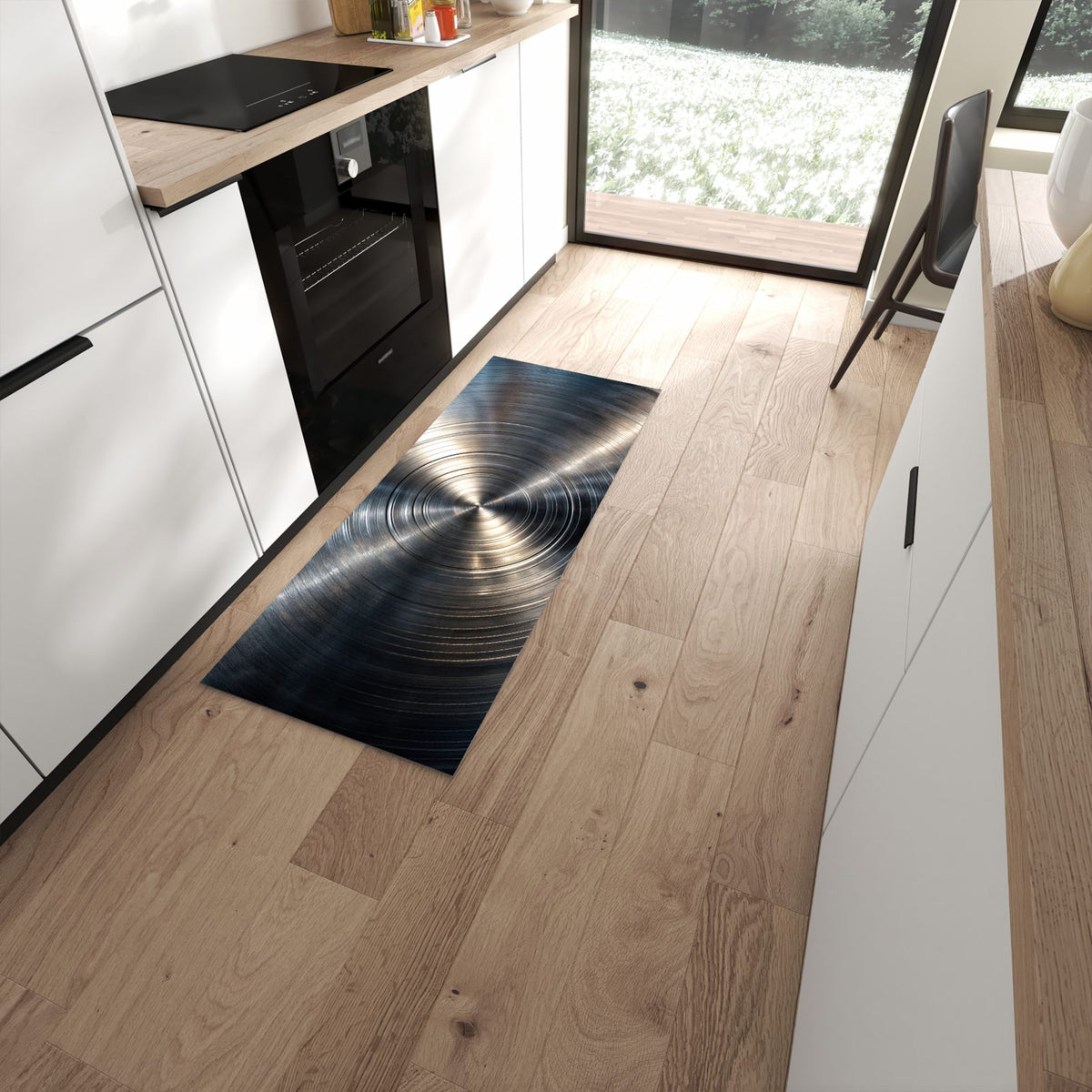 Farbbeständiger Läufer für den Eingangsbereich mit Motiv Metallkreise in moderner Küche #grösse_60 x 150 cm