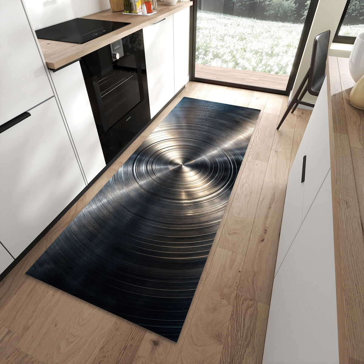 Geruchsneutraler waschbarer Küchenteppich mit Motiv Metallkreise in moderner Küche