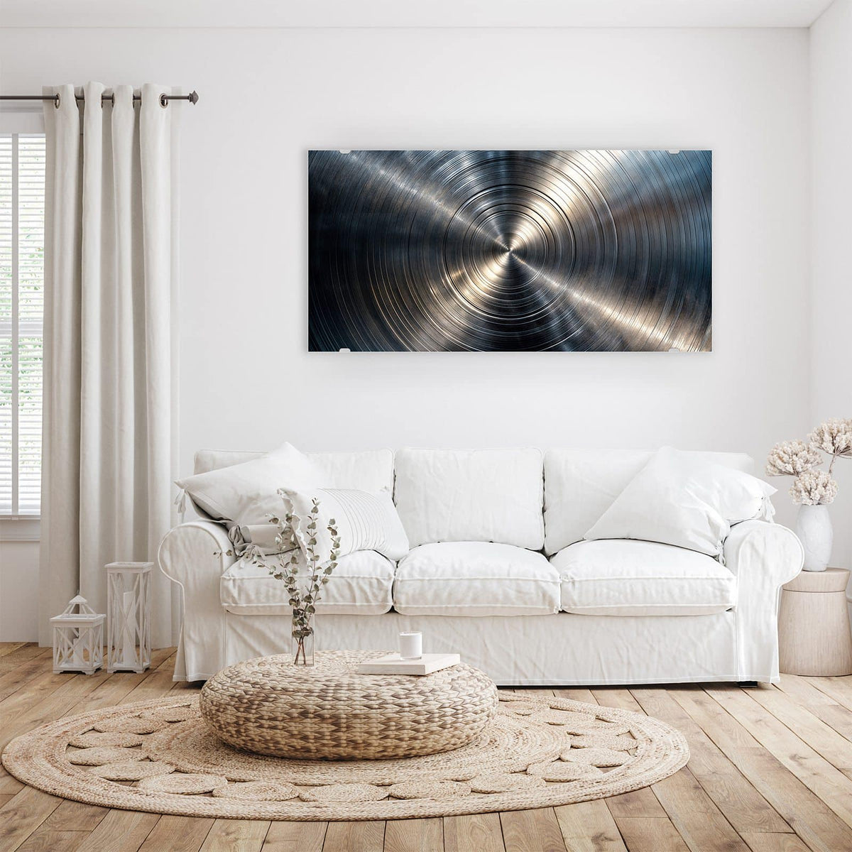 Wandbild - Konzentrische Kreise - Querformat – Konzentrische Rillen in Silber