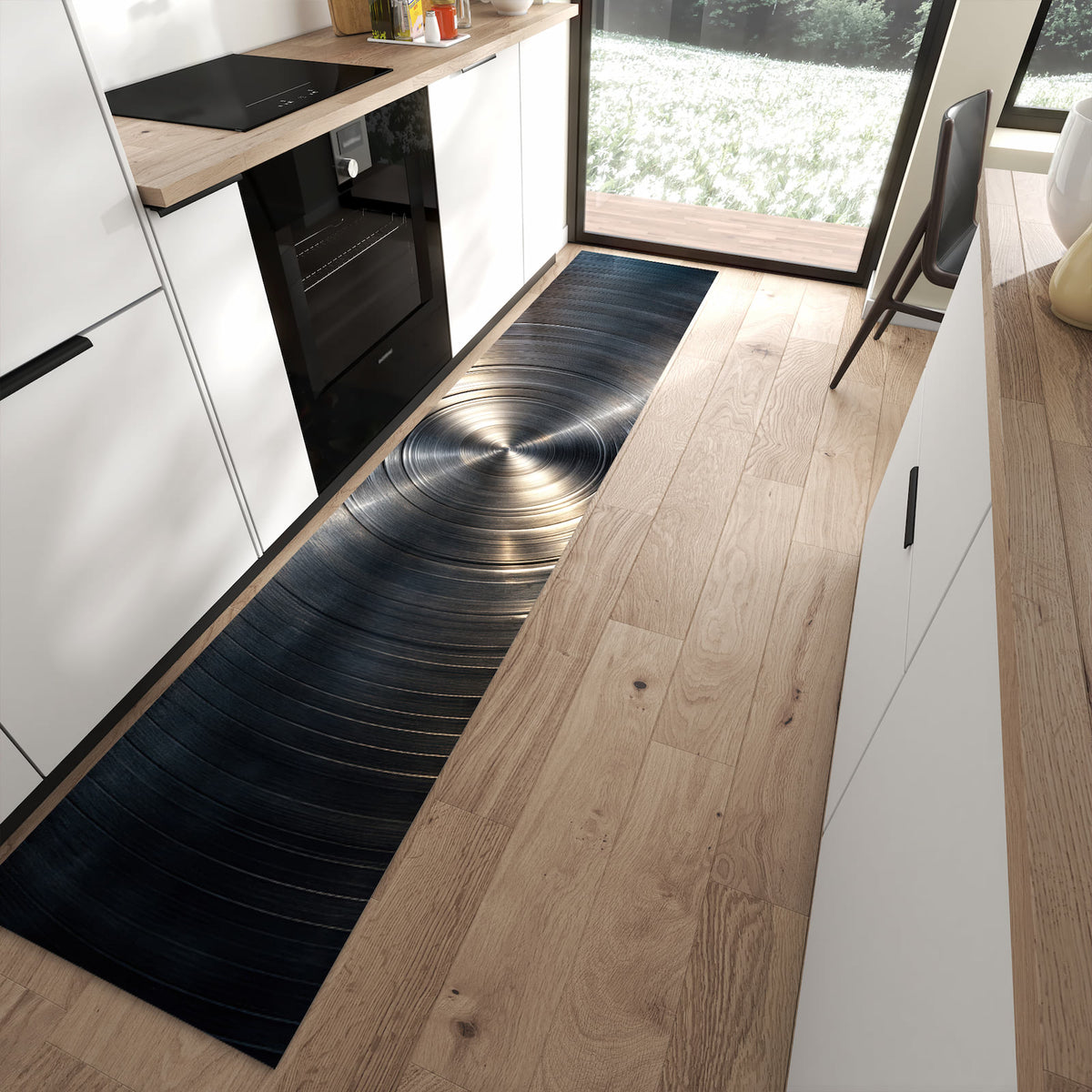 Geräuschdämpfender dünner Küchenteppich mit Motiv Metallkreise in moderner Küche