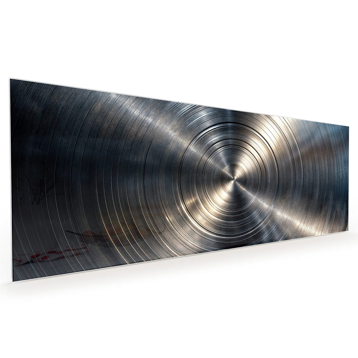 Küchenrückwand aus Glas im Hochformat mit Motiv Konzentrische Kreise: Konzentrische Rillen in gebürstetem Silbermetall mit Lichtkreuz in der Mitte #grösse_40 x 100 cm #grösse_50 x 125 cm #grösse_60 x 150 cm