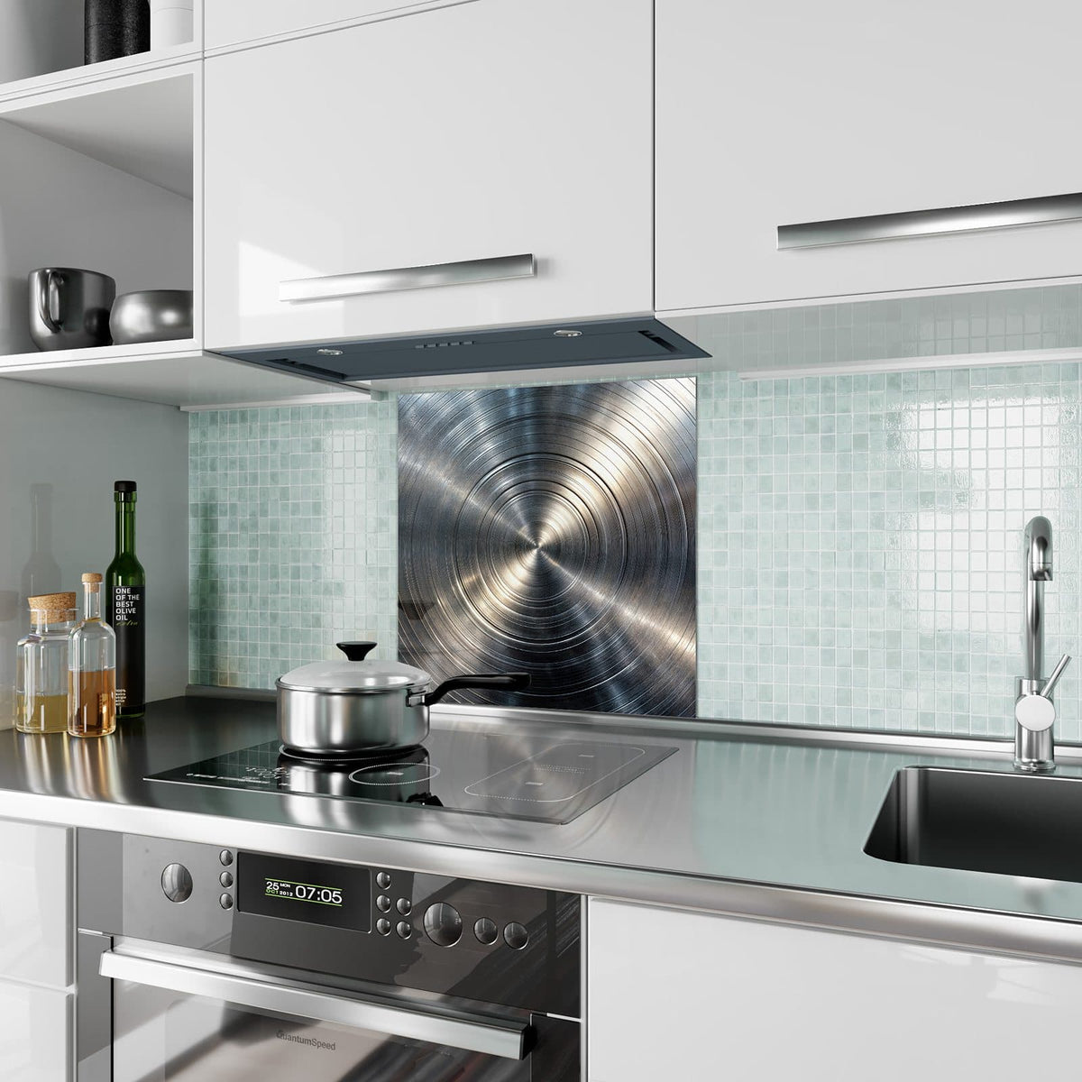 Küchenrückwand aus Glas Konzentrische Kreise im quadratischen Format als Spritzschutz hinter dem Kochfeld, über dem Fliesenspiegel montiert