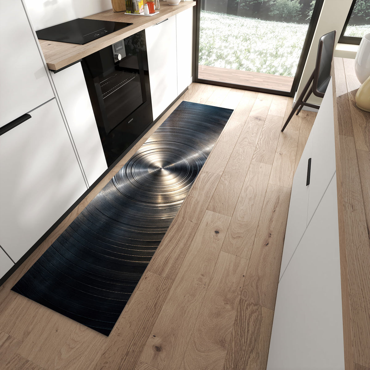 Dünner Küchenteppich mit Motiv Metallkreise in moderner Küche für sicheres Aufbewahren