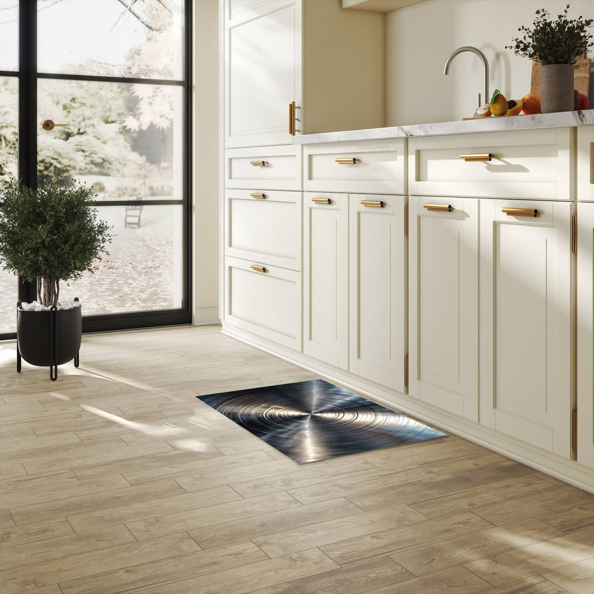 Bodenschonender Läufer für die Küche mit Motiv Metallkreise in heller Küche