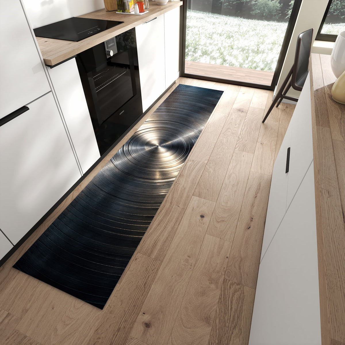 Rutschfester dünner Teppich mit Motiv Metallkreise spart Zeit in moderner Küche