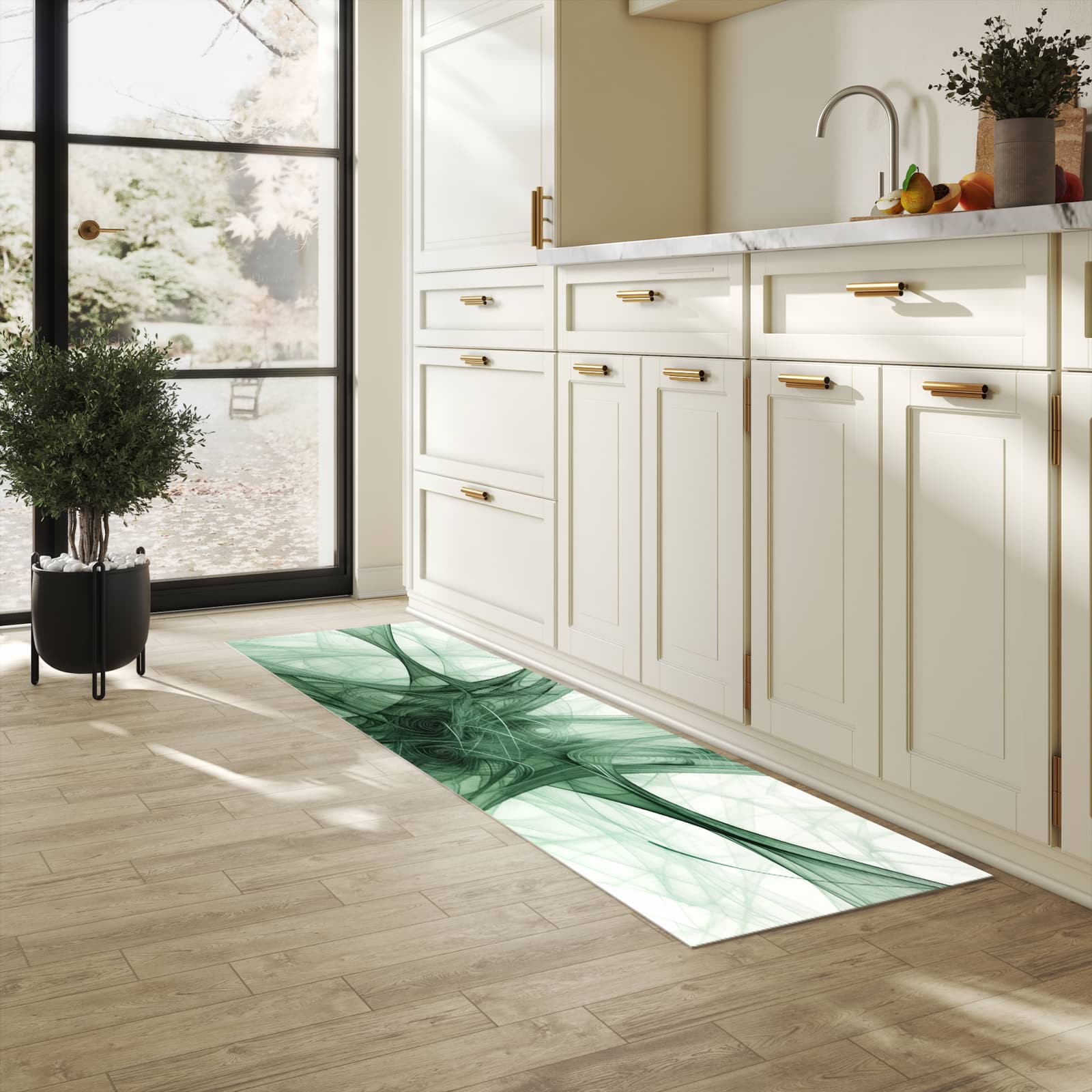 Geruchsneutraler rutschfester Küchenläufer mit Motiv Strukturen von Abstrakte in heller Küche