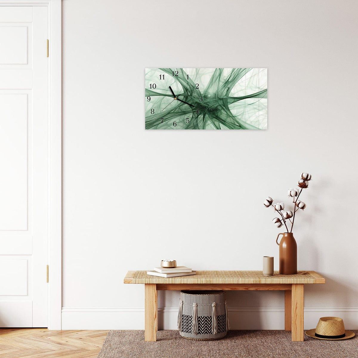 Moderne Wanduhr aus Glas mit Farbtiefe – Wanduhr Abstrakte Strukturen Kunst aus Glas – Querformat 60 × 30 cm