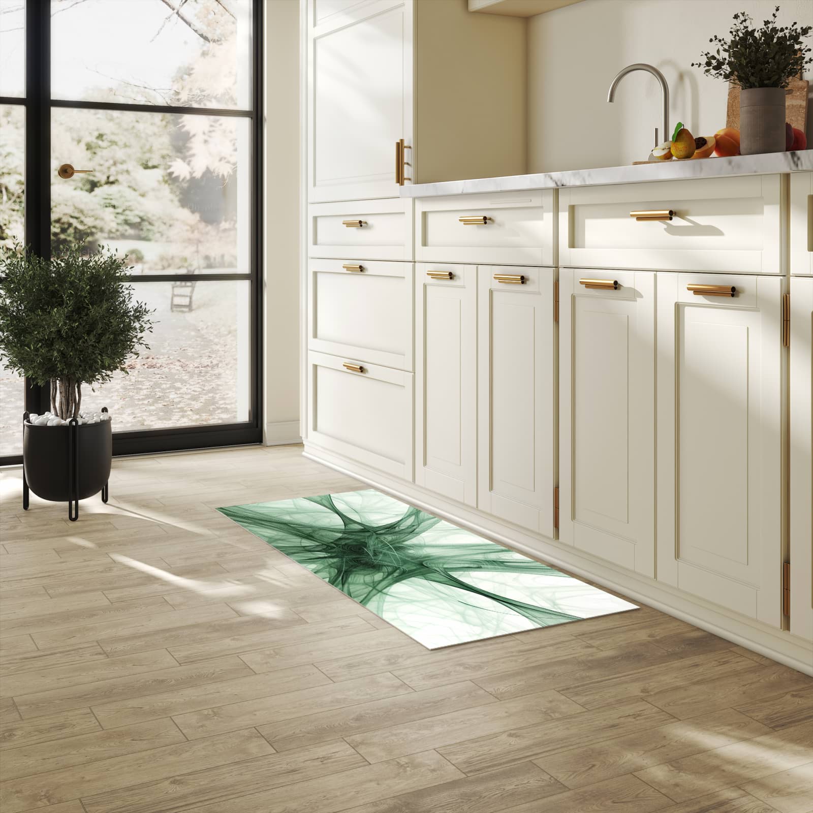 Fleckenresistenter rutschfester Küchenläufer mit Motiv Strukturen von Abstrakte in heller Küche