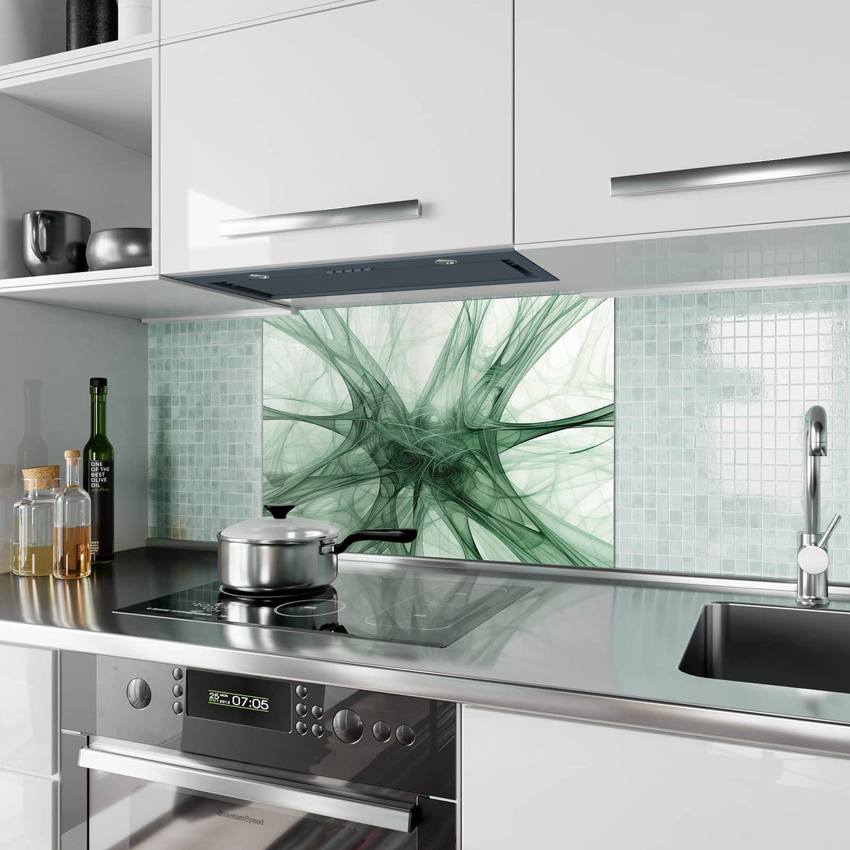 Küchenrückwand aus Glas Grünes Netzmuster im Hochformat als Spritzschutz hinter dem Kochfeld, über dem Fliesenspiegel montiert