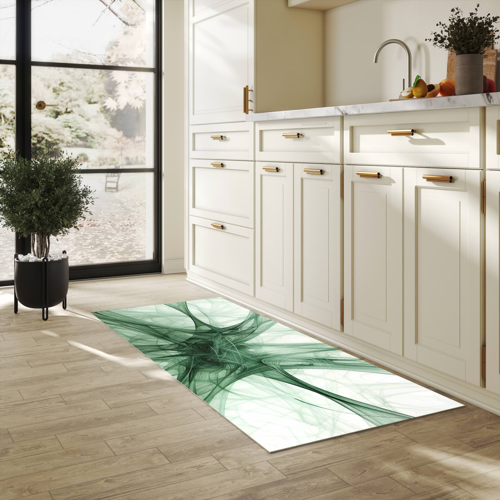 Komfortabler moderner Küchenläufer mit Motiv Strukturen von Abstrakte in heller Küche