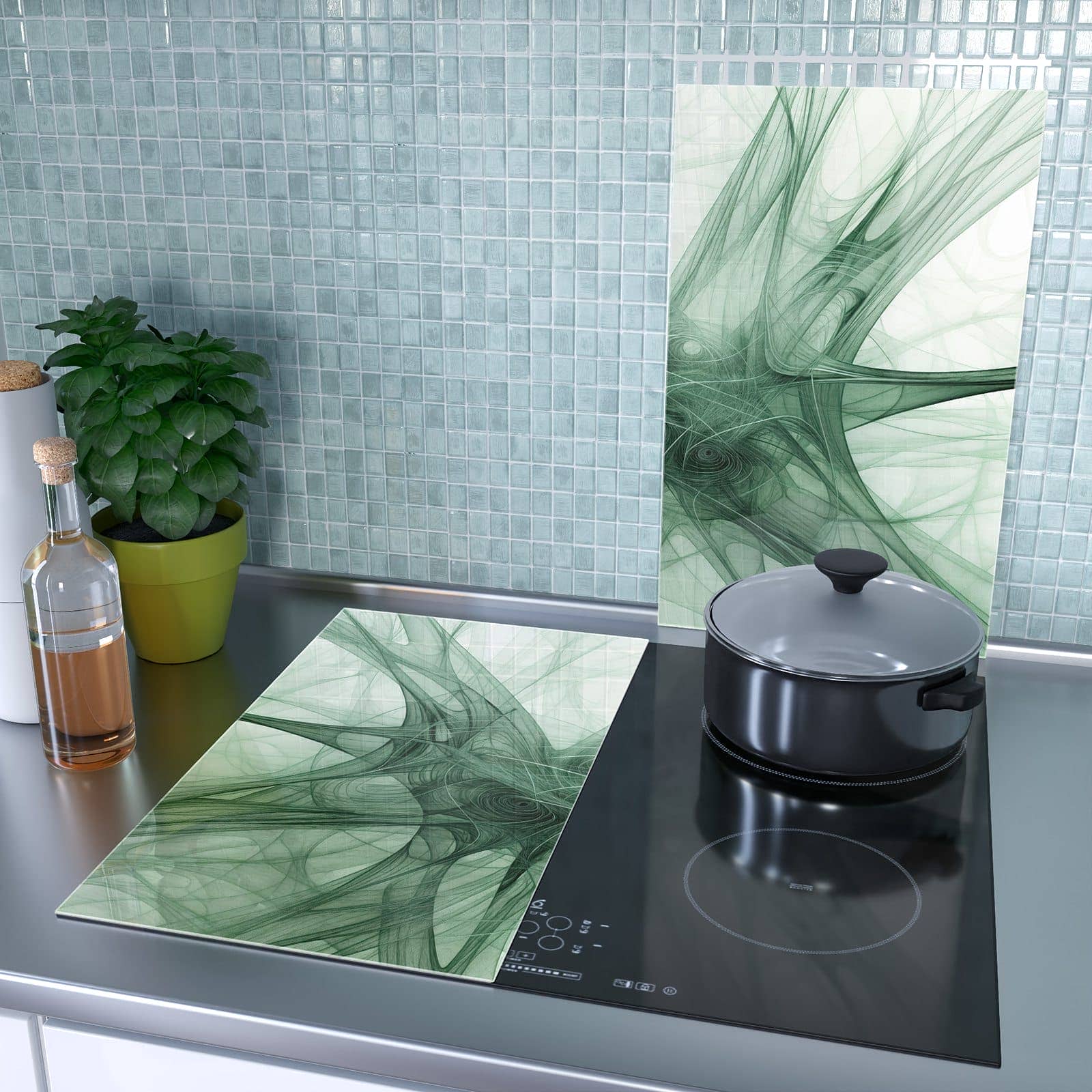 2-teilige Herdabdeckplatte mit Abstrakte Strukturen Kunst-Motiv als Spritzschutz hinter dem Kochfeld