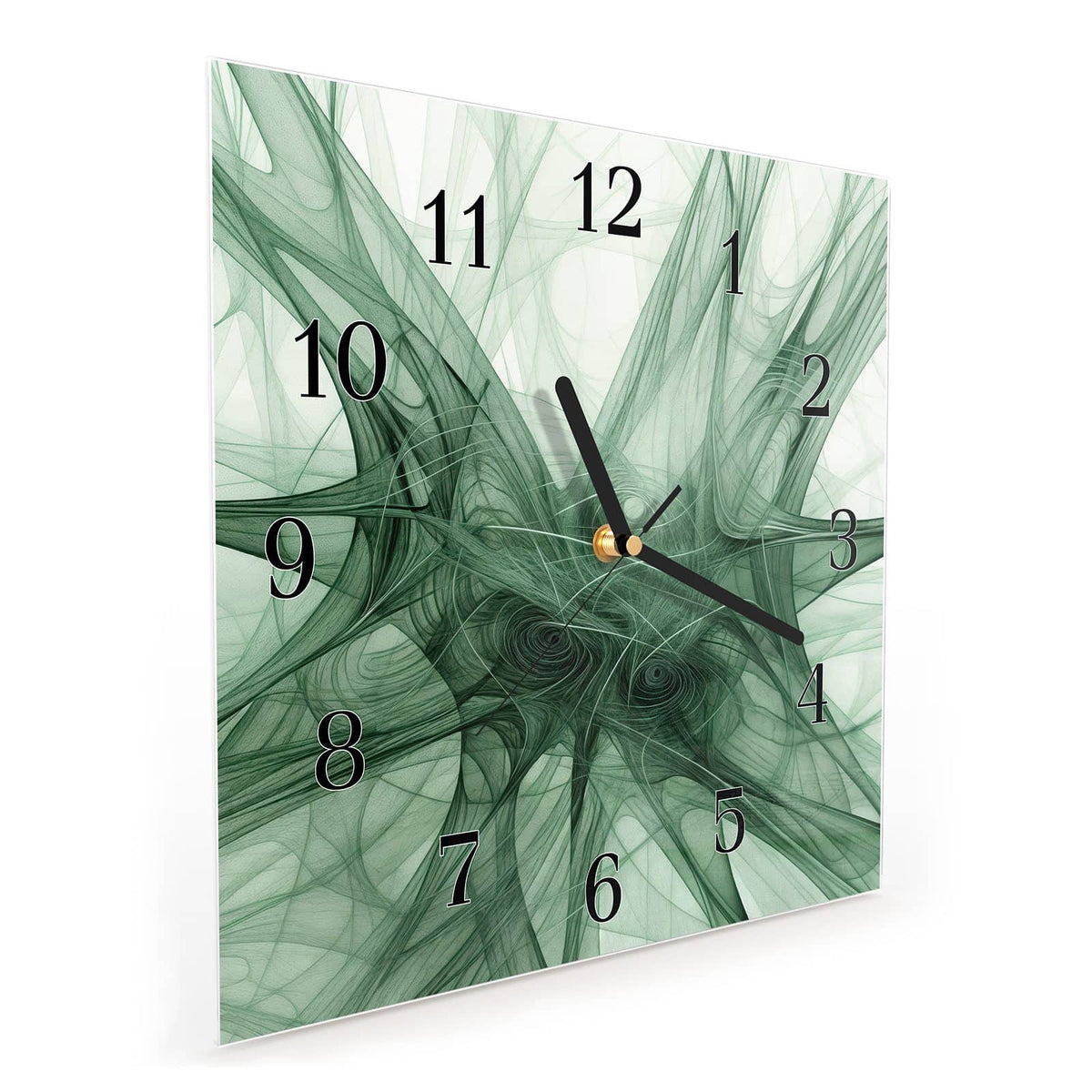 Quadratische Wanduhr aus Glas Grünes Netzmuster schräg von der Seite, 4 mm starkes Glas