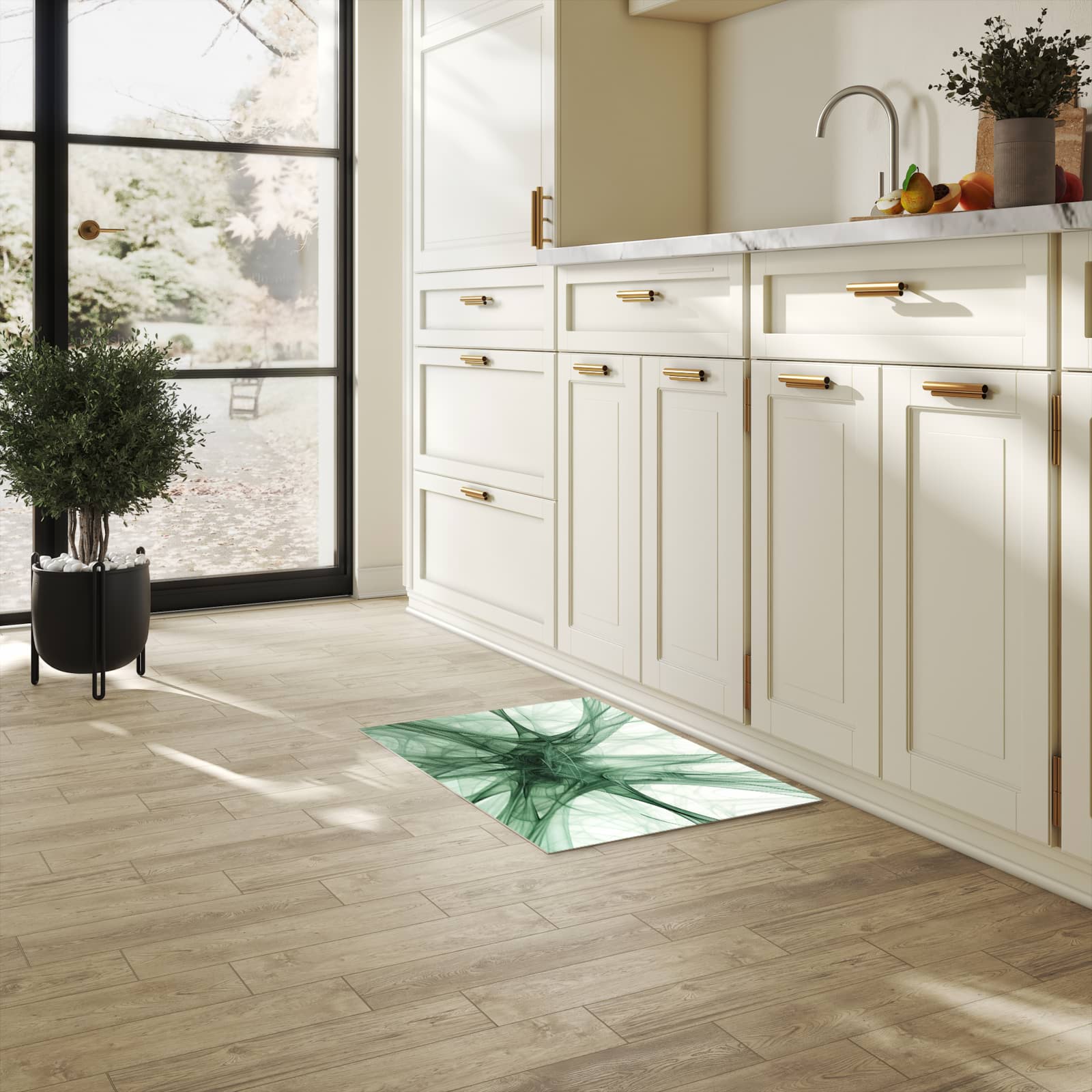 Pflegeleichter waschbarer Küchenläufer mit Motiv Strukturen von Abstrakte in heller Küche