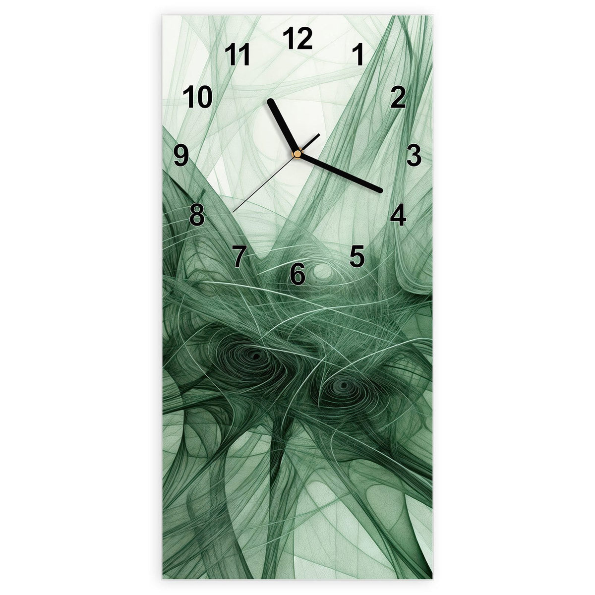 Wanduhr aus Glas, Ziffernblatt Modern: Feines grünes Fadengeflecht wie ein Netz vor hellem Grund