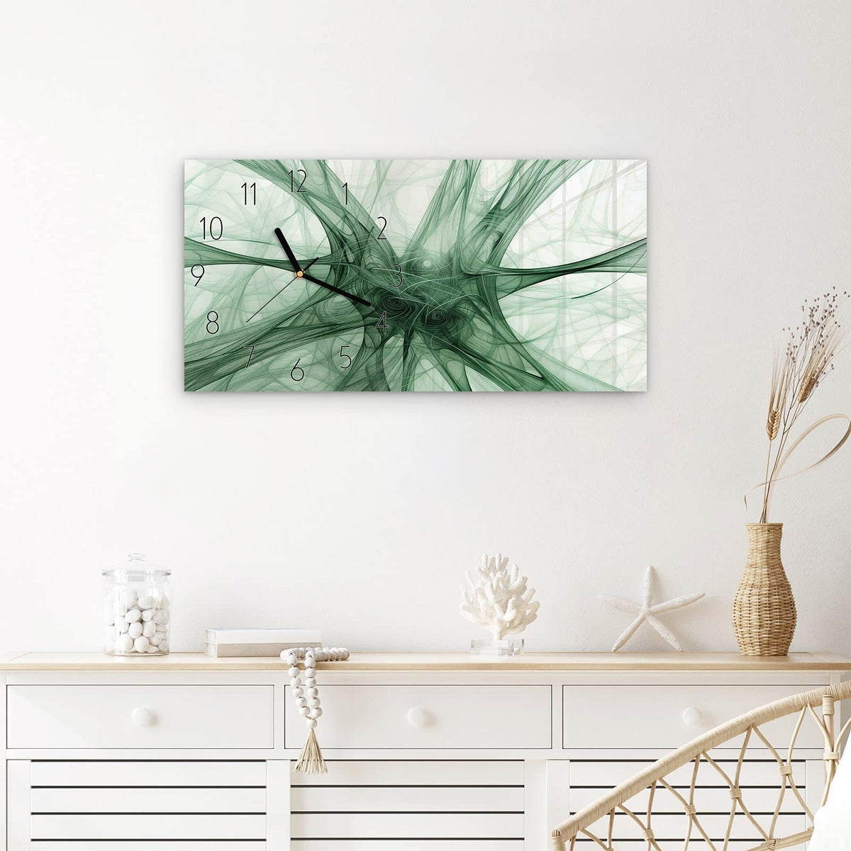 Wanduhr Abstrakte Strukturen Kunst aus Glas – Querformat 60 × 30 cm – Netzartiges Muster in Grün