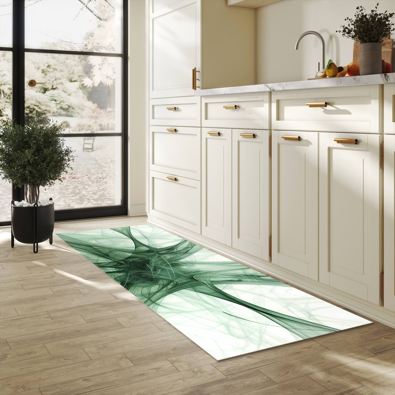 Rutschhemmender Küchenläufer mit Motiv Strukturen von Abstrakte in heller Küche