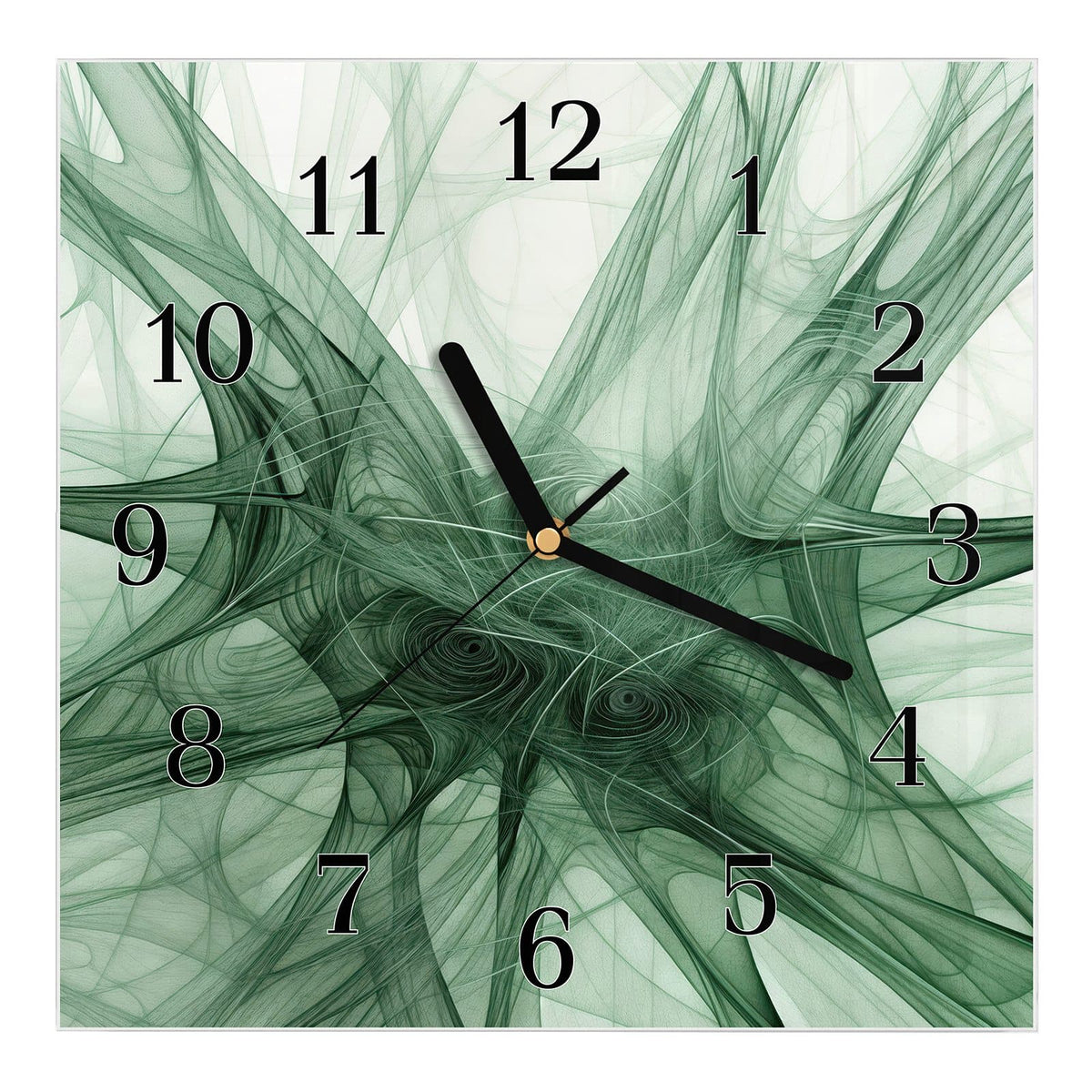 Wanduhr aus Glas, Ziffernblatt Klassisch: Feines grünes Fadengeflecht wie ein Netz vor hellem Grund